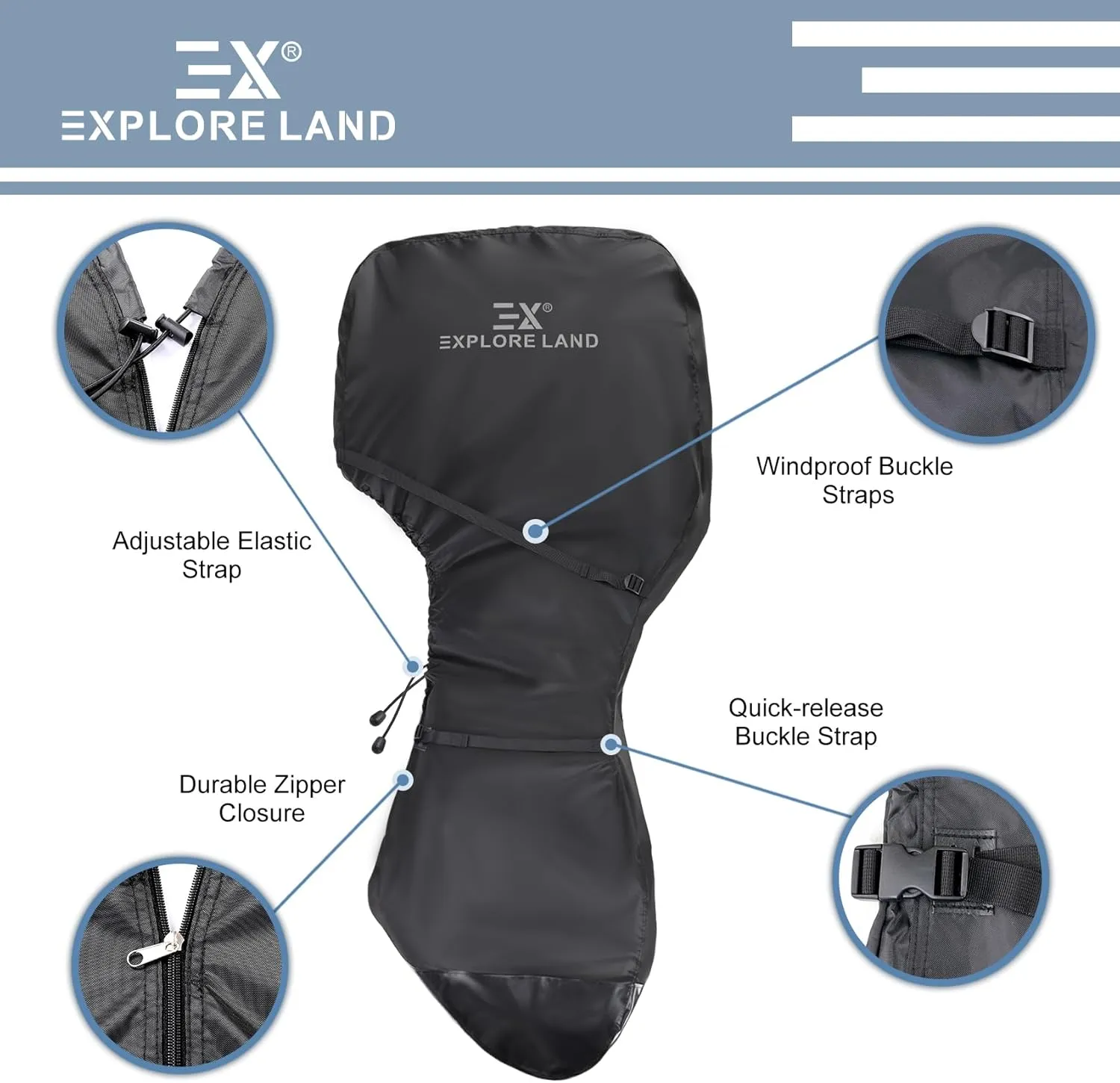 Explore Land Fade Resistant Full Outboard Motor Cover - Waterproof Upgraded Strong 600D Heavy Duty Boat Engine Covers Fit for Motor 100-150 HP, Black