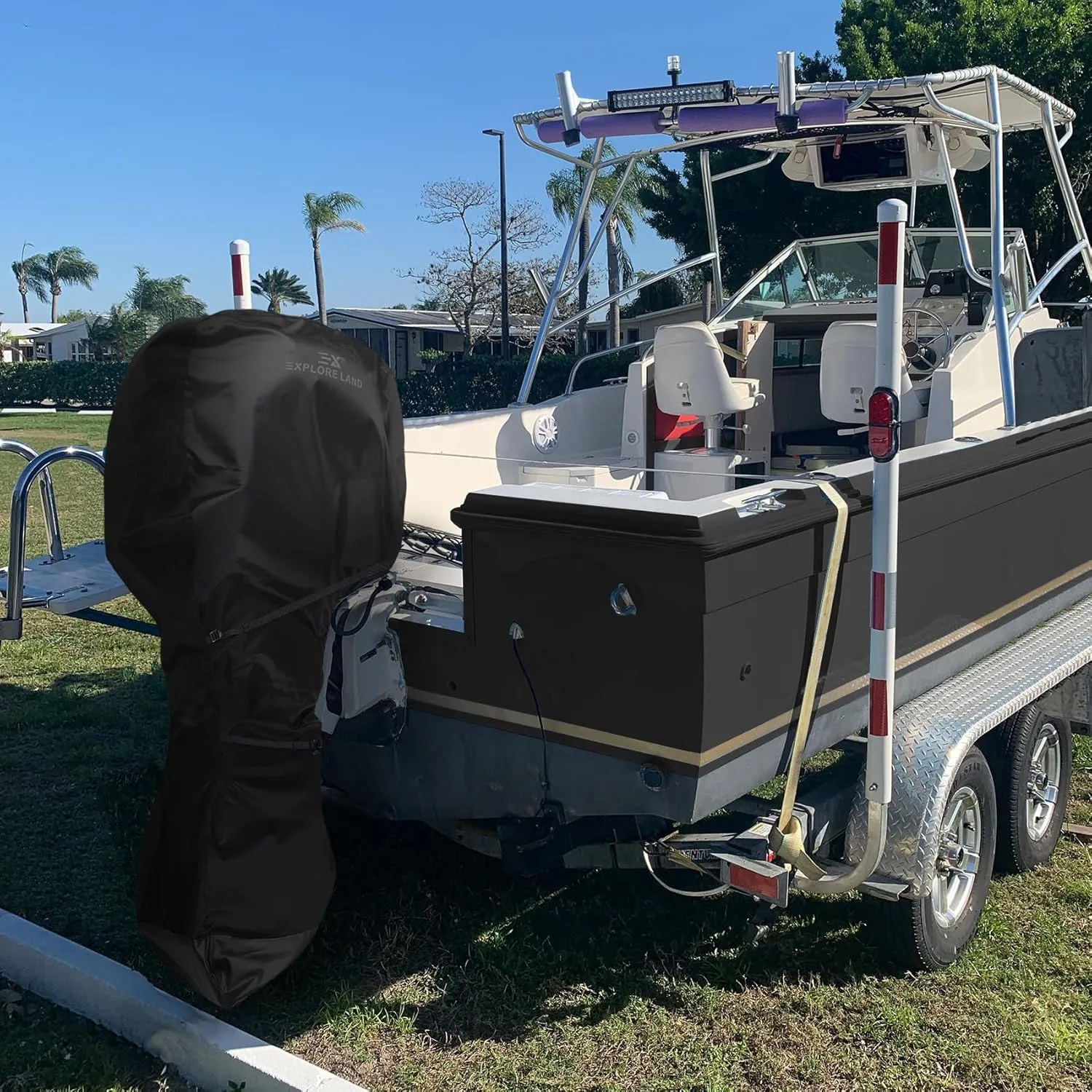 Explore Land Fade Resistant Full Outboard Motor Cover - Waterproof Upgraded Strong 600D Heavy Duty Boat Engine Covers Fit for Motor 100-150 HP, Black
