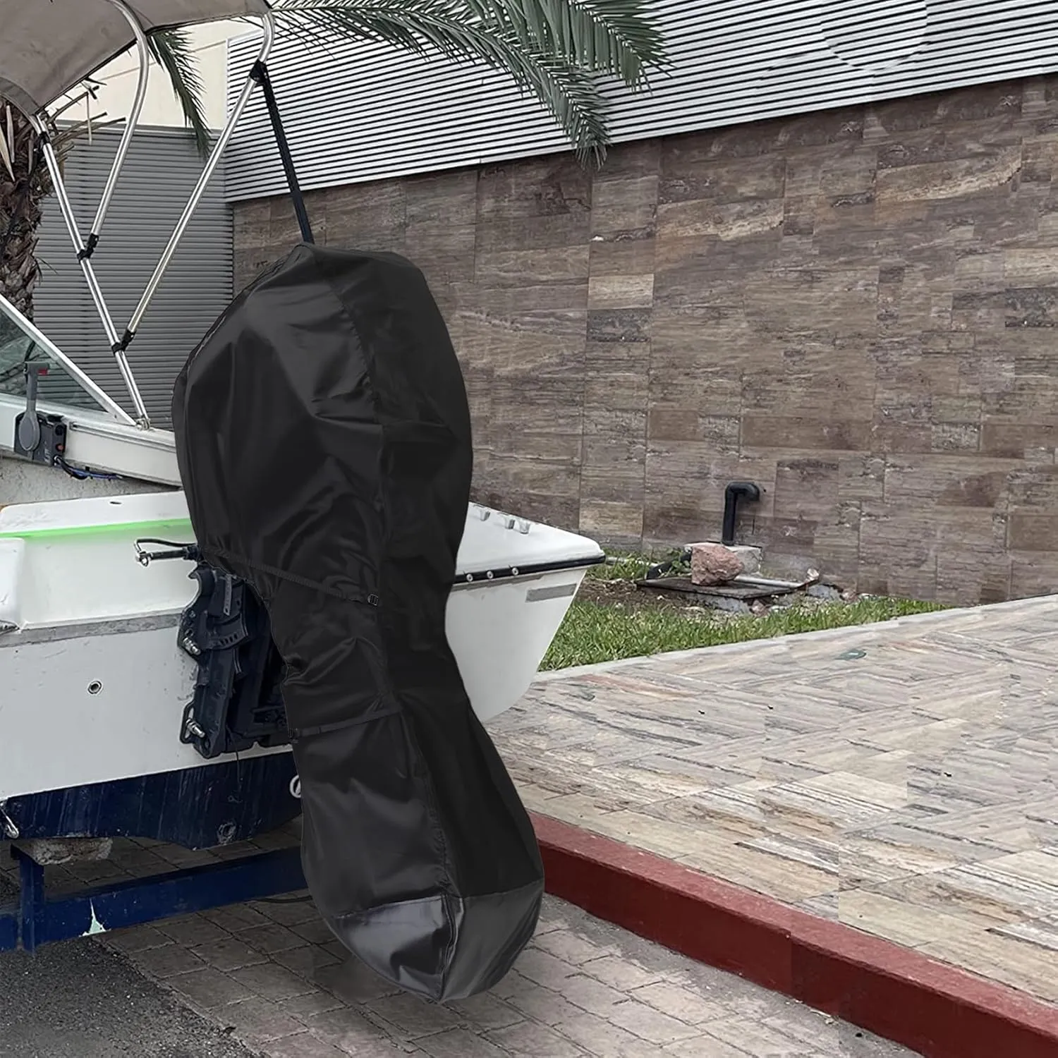 Explore Land Fade Resistant Full Outboard Motor Cover - Waterproof Upgraded Strong 600D Heavy Duty Boat Engine Covers Fit for Motor 100-150 HP, Black