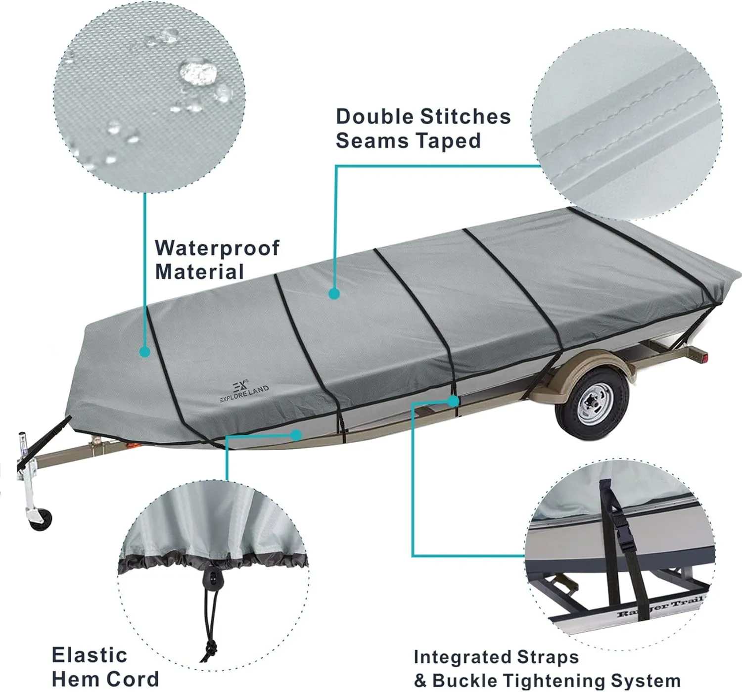 Explore Land Marine Grade 900D Trailerable Jon Boat Cover Fade Resistant and Waterproof Fabric - Fits Jon Boat 12' Long Beam Width up to 58", Grey