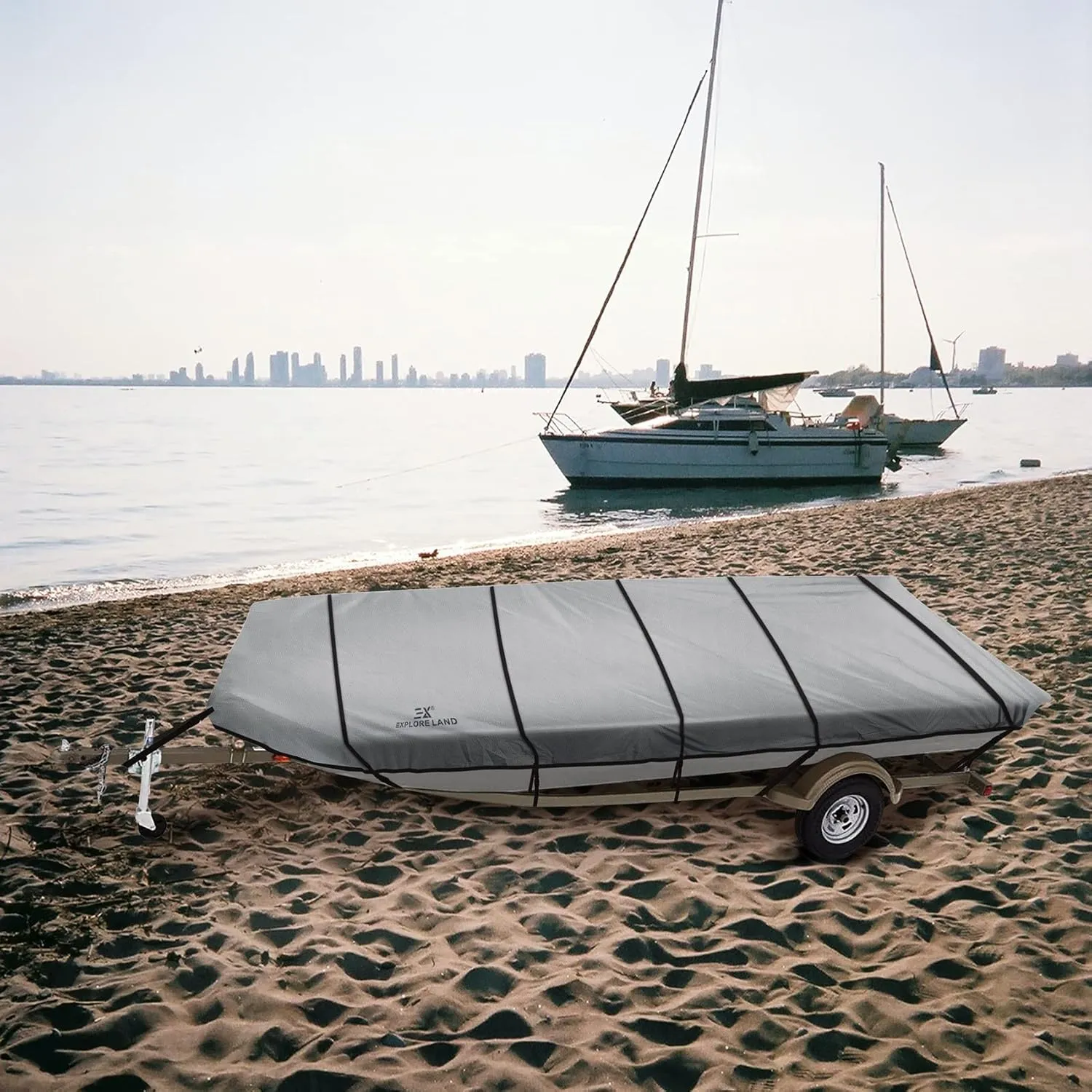 Explore Land Marine Grade 900D Trailerable Jon Boat Cover Fade Resistant and Waterproof Fabric - Fits Jon Boat 12' Long Beam Width up to 58", Grey
