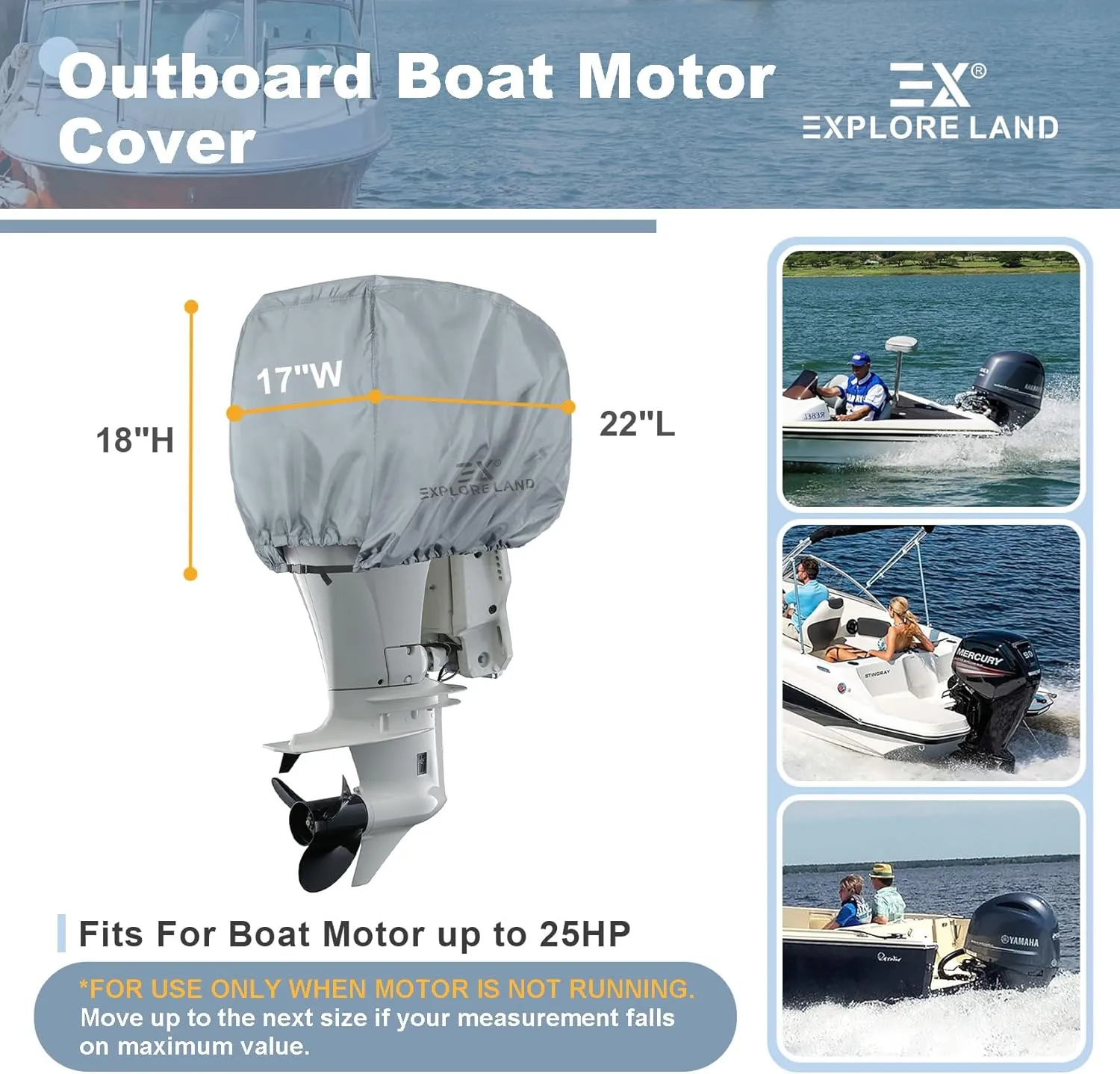 Explore Land Outboard Motor Cover - Waterproof 600D Heavy Duty Boat Engine Hood Covers - Fit for Motor up to 25 HP, Grey