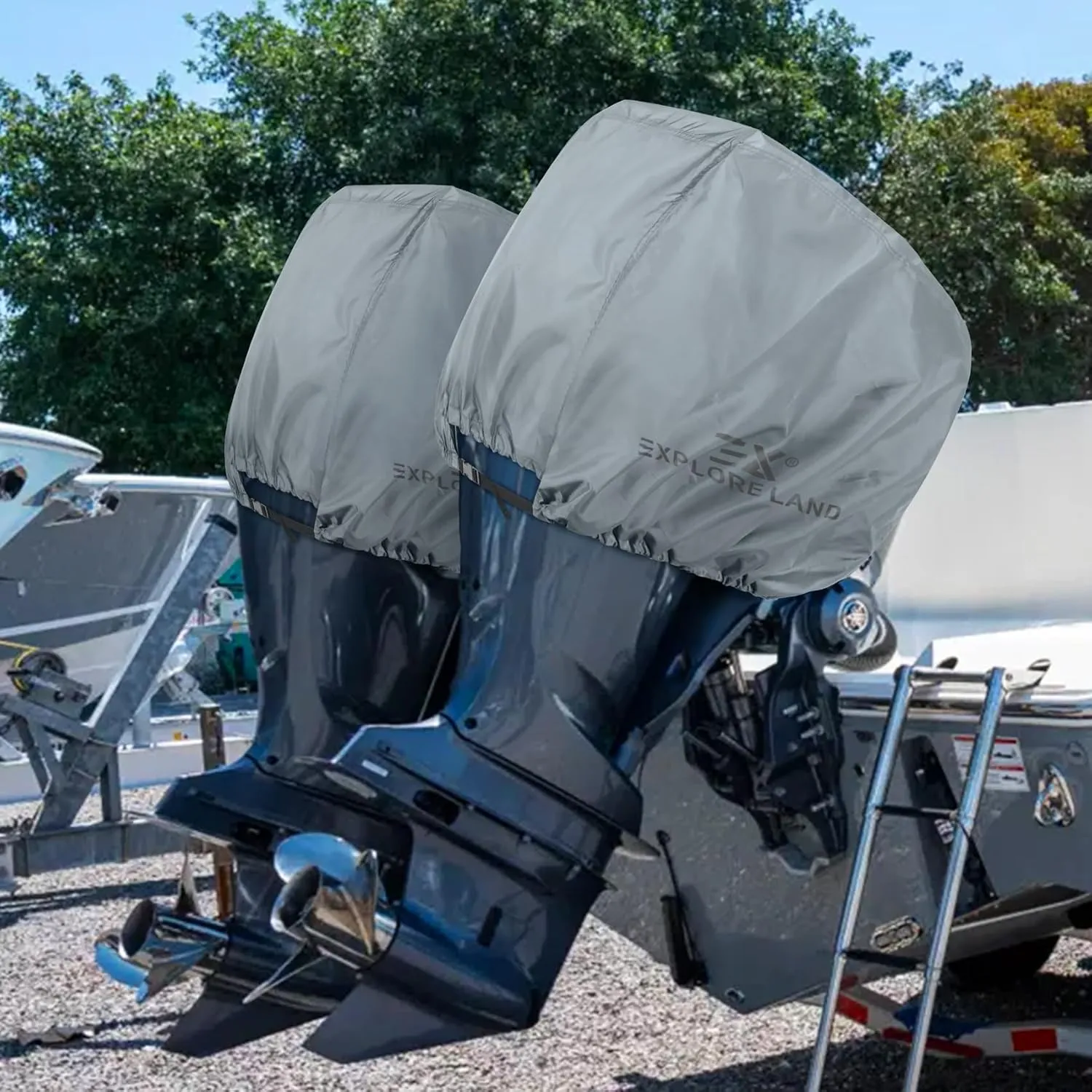 Explore Land Outboard Motor Cover - Waterproof 600D Heavy Duty Boat Engine Hood Covers - Fit for Motor up to 25 HP, Grey