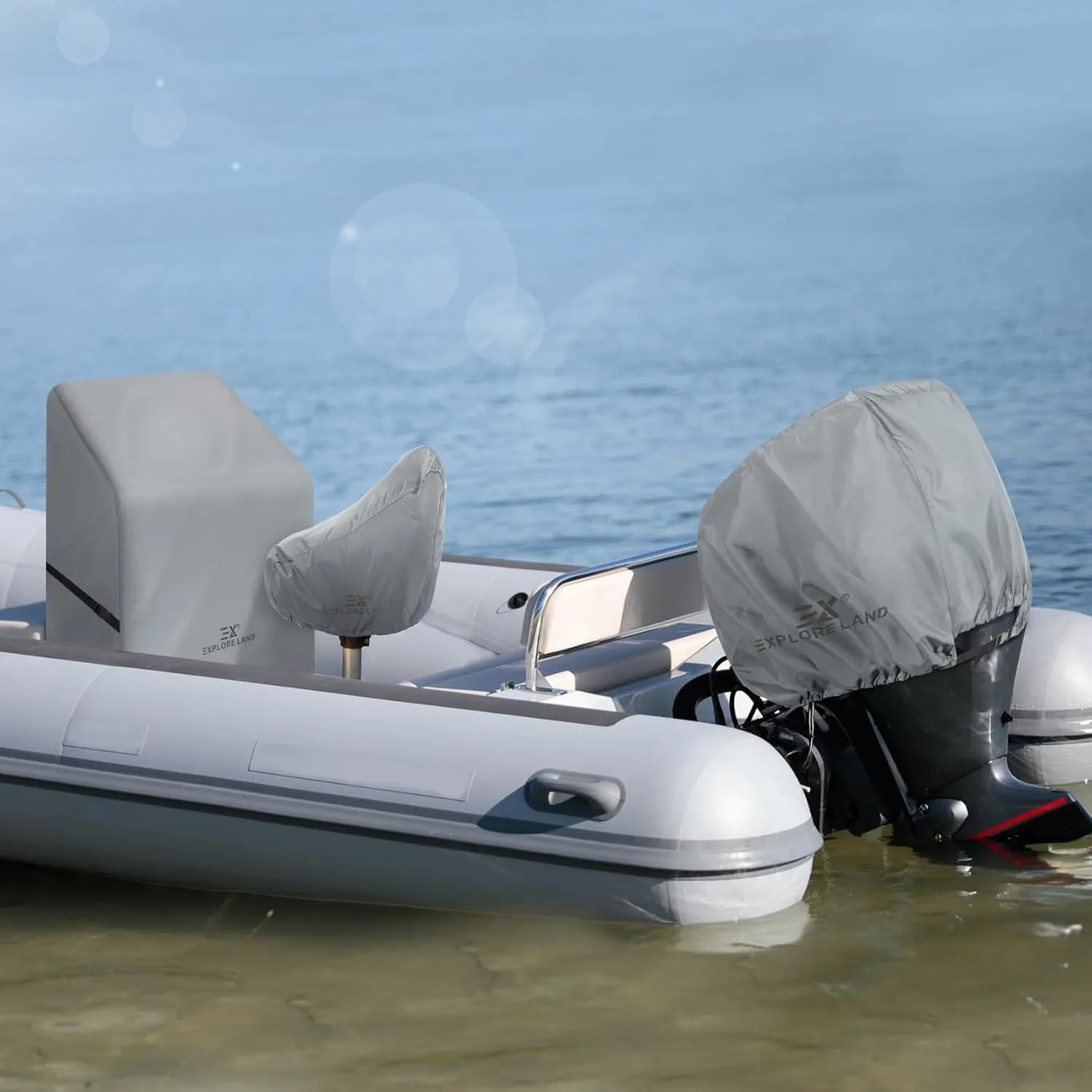 Explore Land Outboard Motor Cover - Waterproof 600D Heavy Duty Boat Engine Hood Covers - Fit for Motor up to 25 HP, Grey