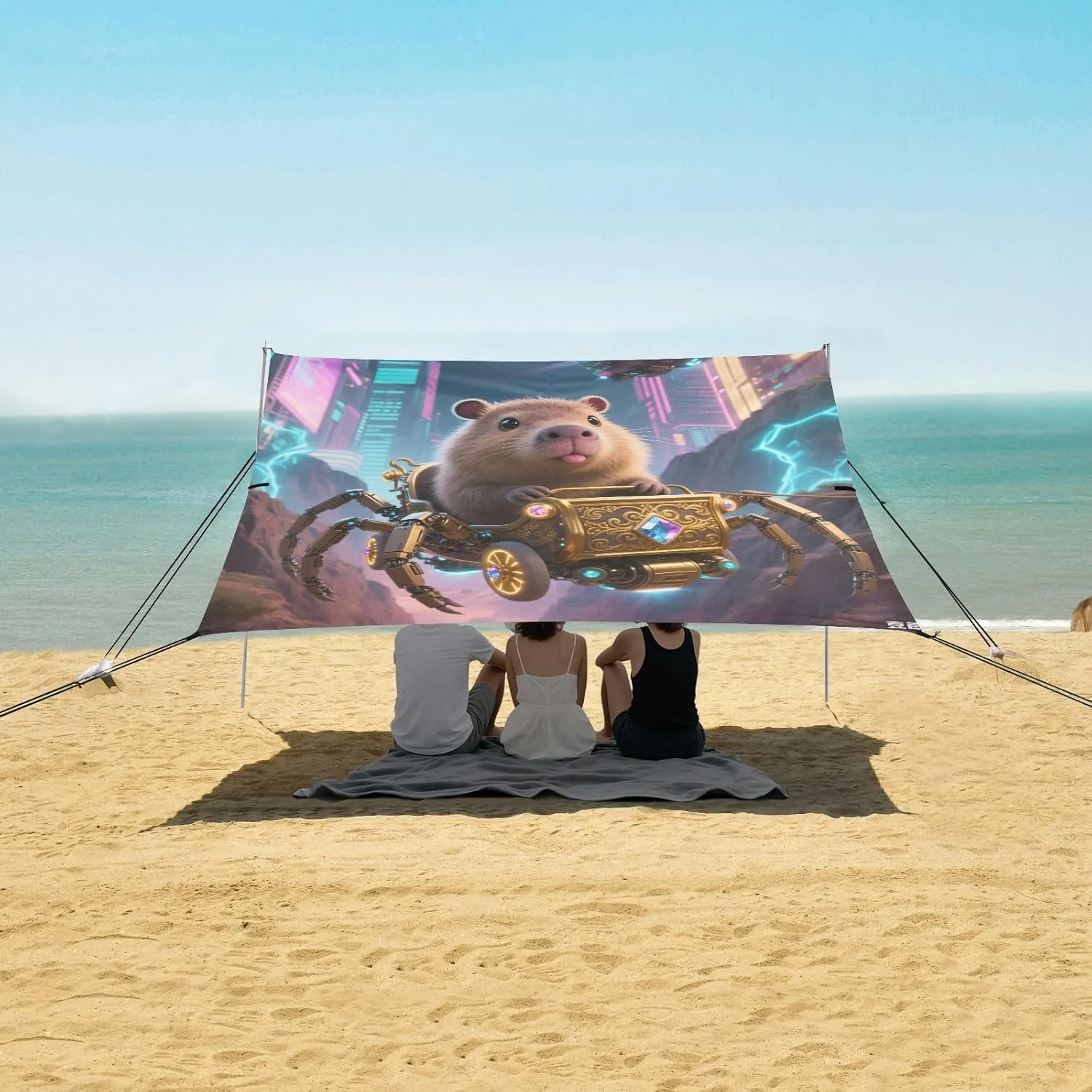 Fantastic Modern City Capybara Beach Camping Tent Sun Shelter for Whole Family, Beach Shade Canopy with UPF50  UV Protection,Easy Set Up and Carry,Outdoor Shade for Trips, Fishing, Backyard Fun