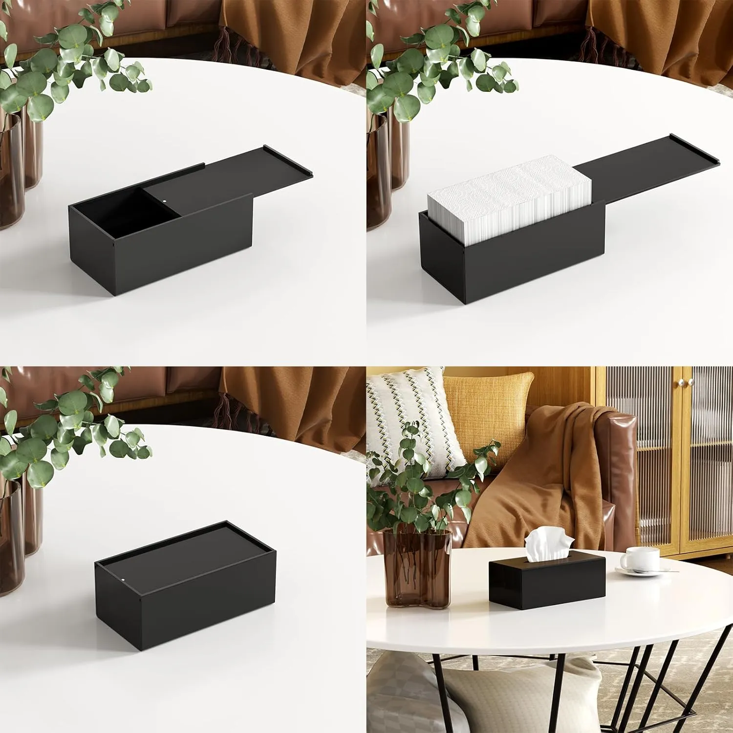FEMELI Acrylic Tissue Box Cover,Rectangular Facial Tissue Holder Case Dispenser for Bathroom Kitchen Bedroom Office with Magnet Locking Bottom,Black