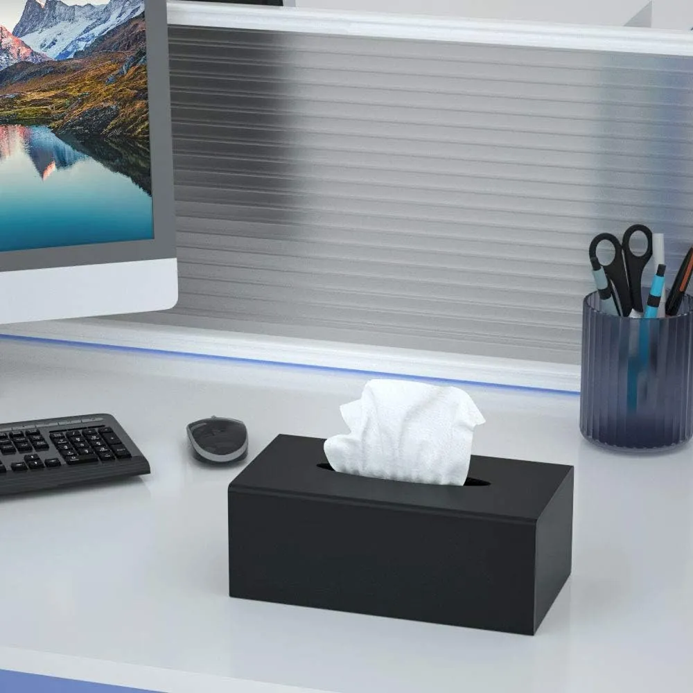 FEMELI Acrylic Tissue Box Cover,Rectangular Facial Tissue Holder Case Dispenser for Bathroom Kitchen Bedroom Office with Magnet Locking Bottom,Black