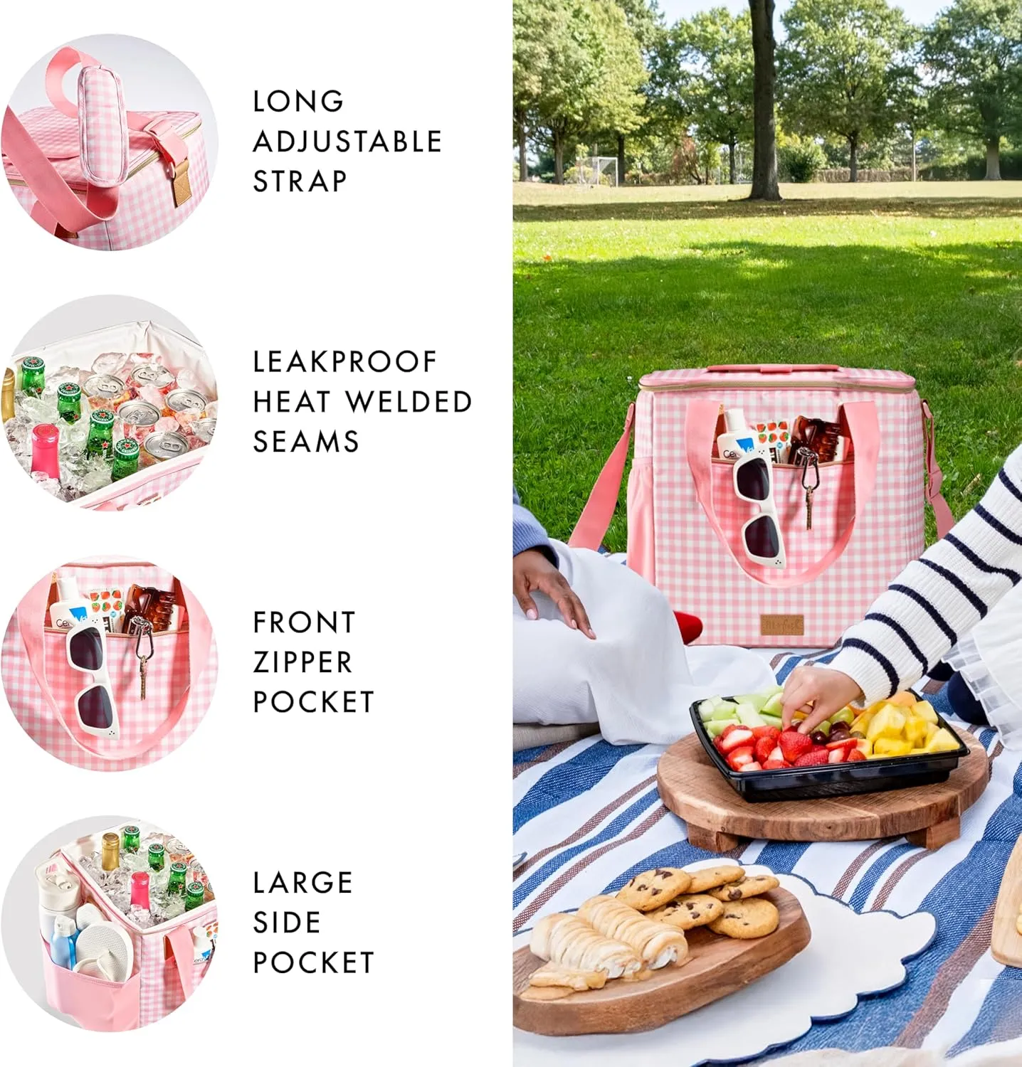 Fit & Fresh, 24-Can Soft Cooler Bag Insulated Leak Proof, Portable Soft Cooler, Large Cooler, Soft Sided Cooler Bag, Travel Cooler, Pink Gingham