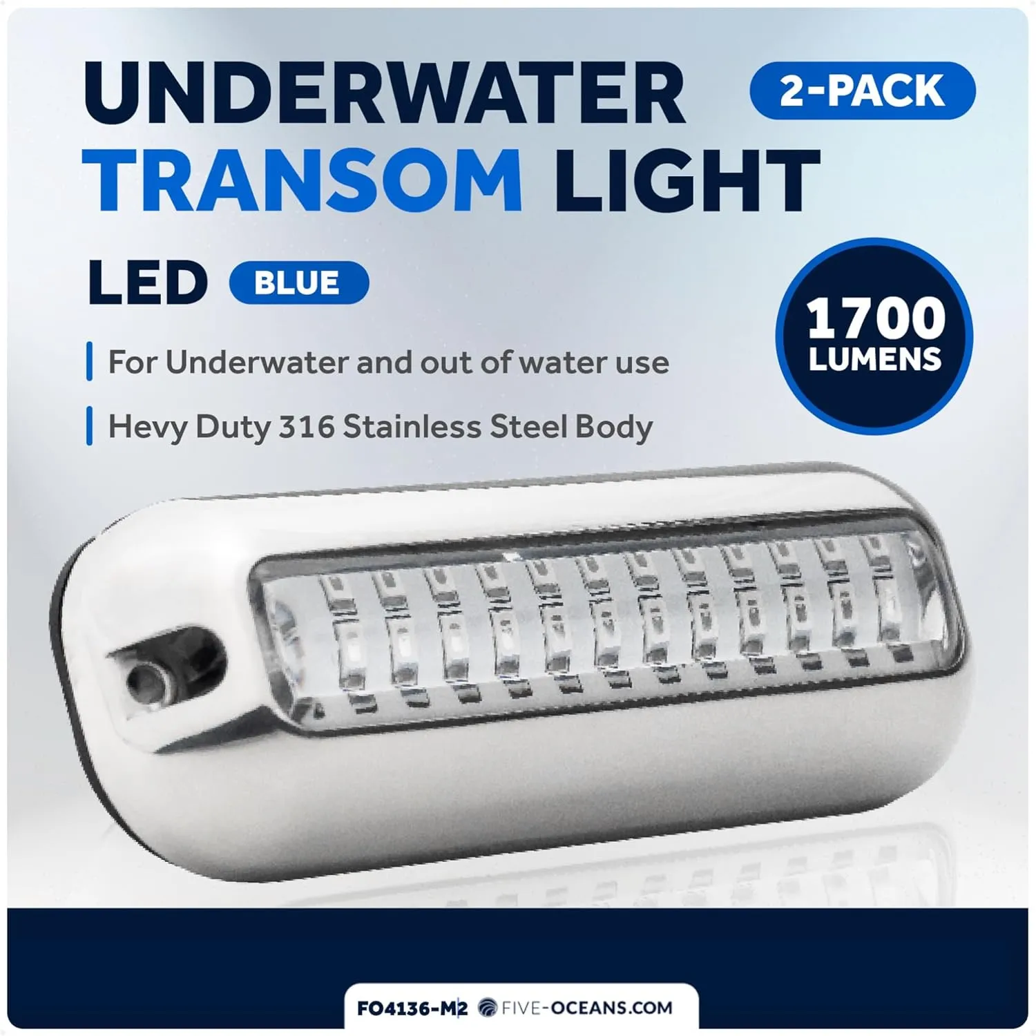 Five Oceans 2-Pack Underwater Boat Lights - Underwater Lights for Boat, Boat Cockpit Light, Blue LED High Power 1700LM, Marine-Grade 316 Stainless Steel Bezel, 12V DC, Waterproof IP68 - FO4136-M2