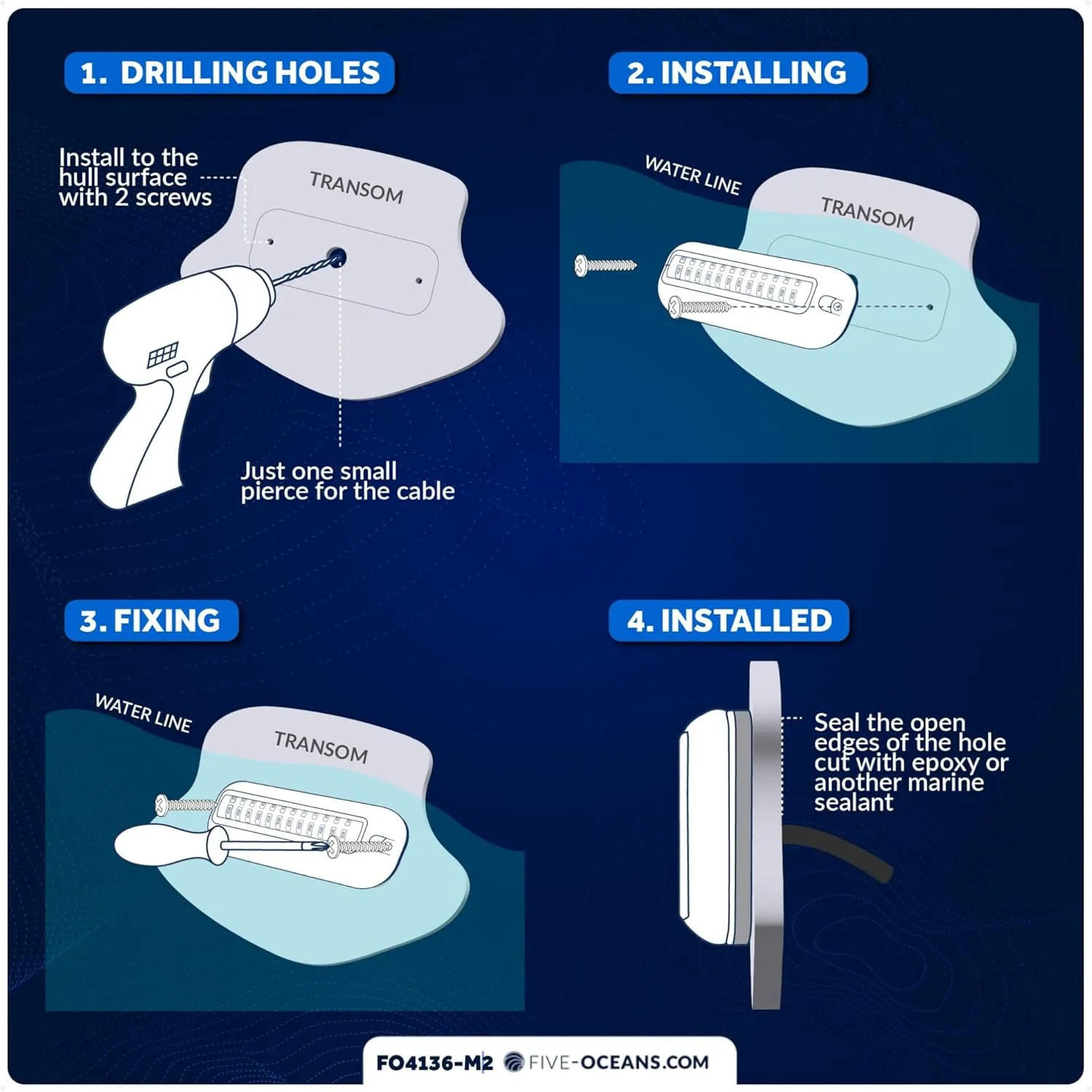 Five Oceans 2-Pack Underwater Boat Lights - Underwater Lights for Boat, Boat Cockpit Light, Blue LED High Power 1700LM, Marine-Grade 316 Stainless Steel Bezel, 12V DC, Waterproof IP68 - FO4136-M2