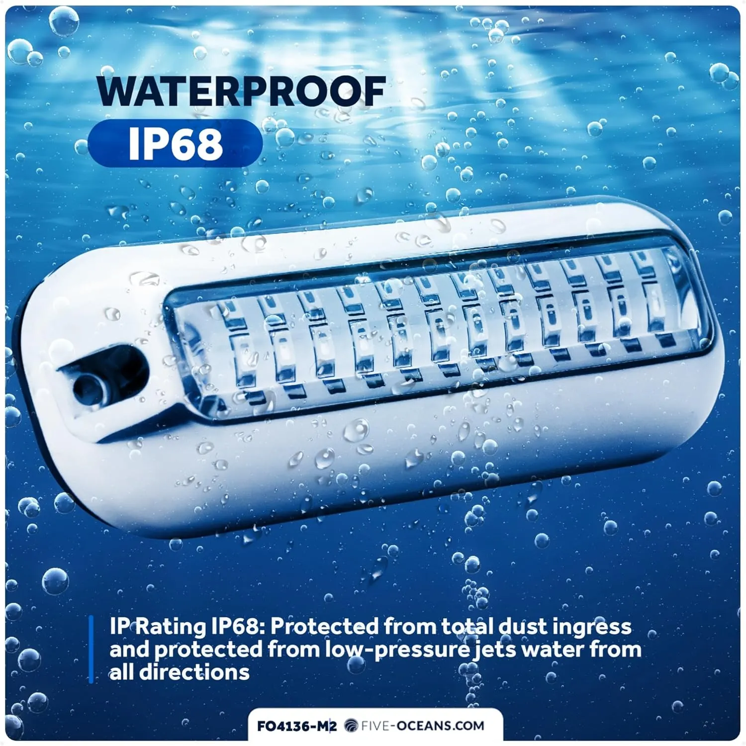 Five Oceans 2-Pack Underwater Boat Lights - Underwater Lights for Boat, Boat Cockpit Light, Blue LED High Power 1700LM, Marine-Grade 316 Stainless Steel Bezel, 12V DC, Waterproof IP68 - FO4136-M2