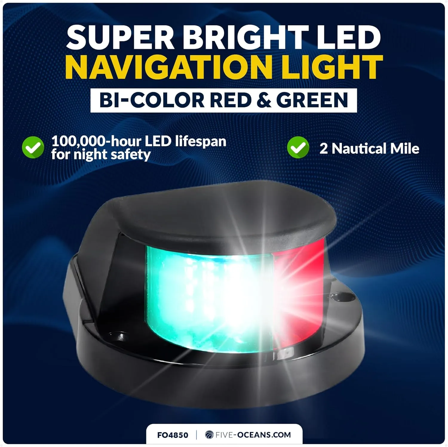 Five Oceans LED Bi-Color Bow Boat Navigation Lights, Red/Green, Horizontal Mount, 12-30V, IP66 Waterproof, 2NM USCG, Black ABS Housing - FO4850