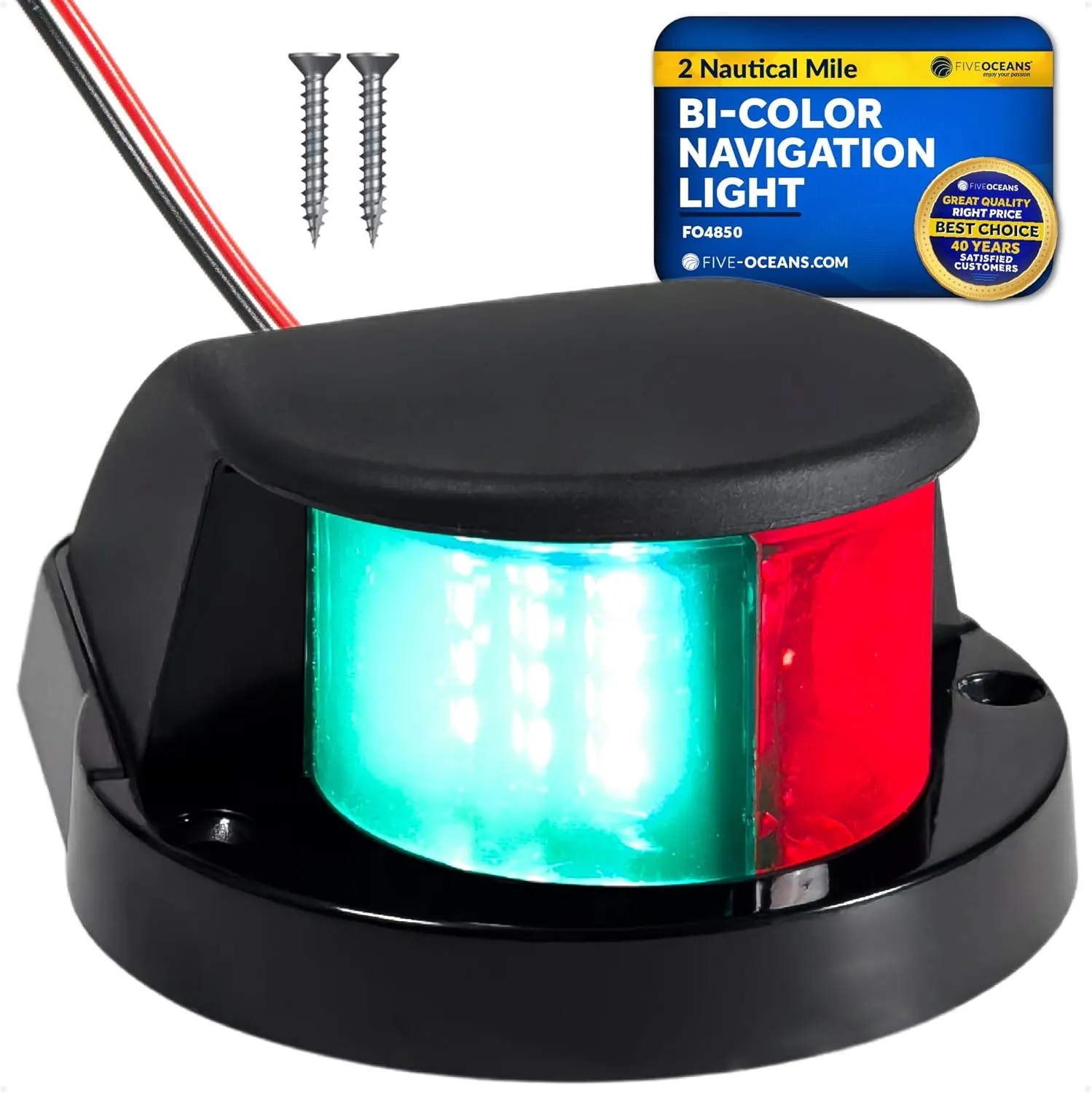 Five Oceans LED Bi-Color Bow Boat Navigation Lights, Red/Green, Horizontal Mount, 12-30V, IP66 Waterproof, 2NM USCG, Black ABS Housing - FO4850