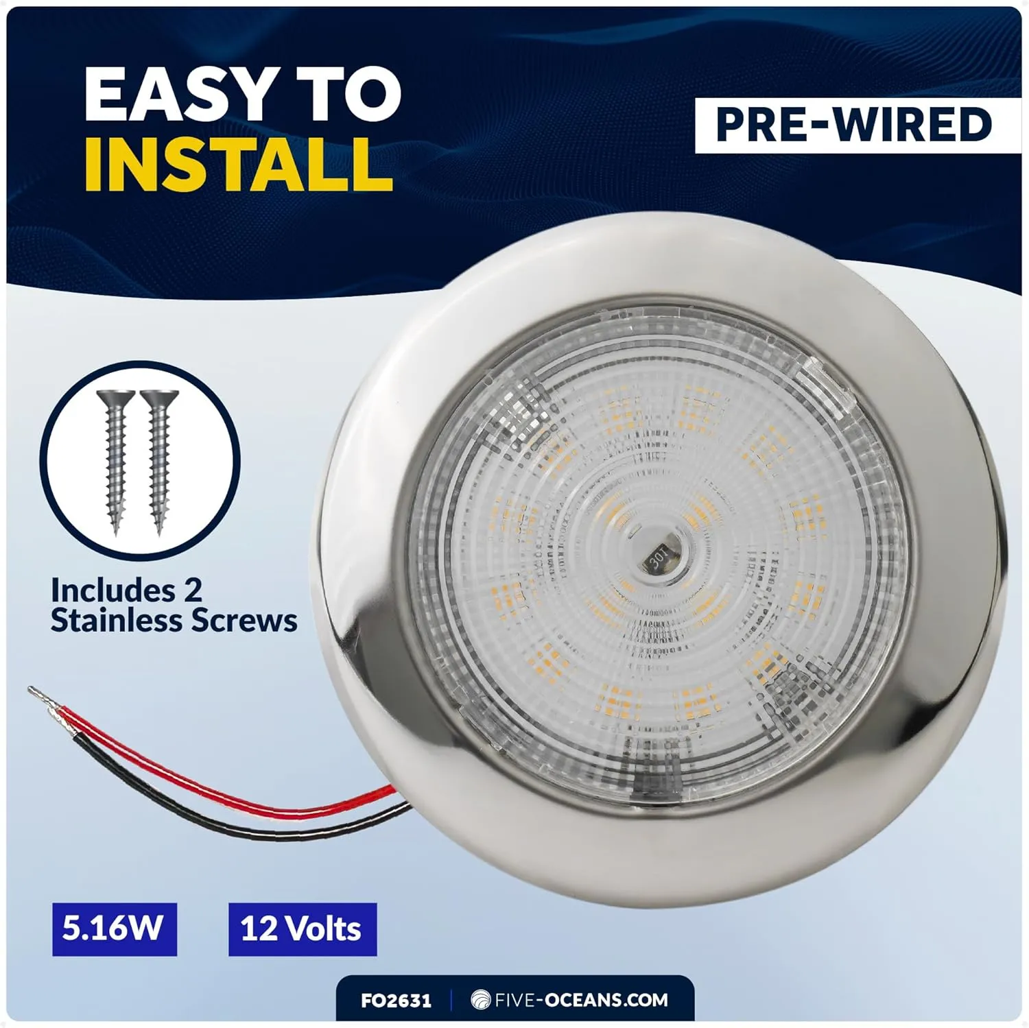 Five Oceans LED Dome Ceiling Light, 3-3/4" Slim Round, Warm White, 12V, IP65 Waterproof, Interior Lights for RVs, Boats, Caravan - FO2631