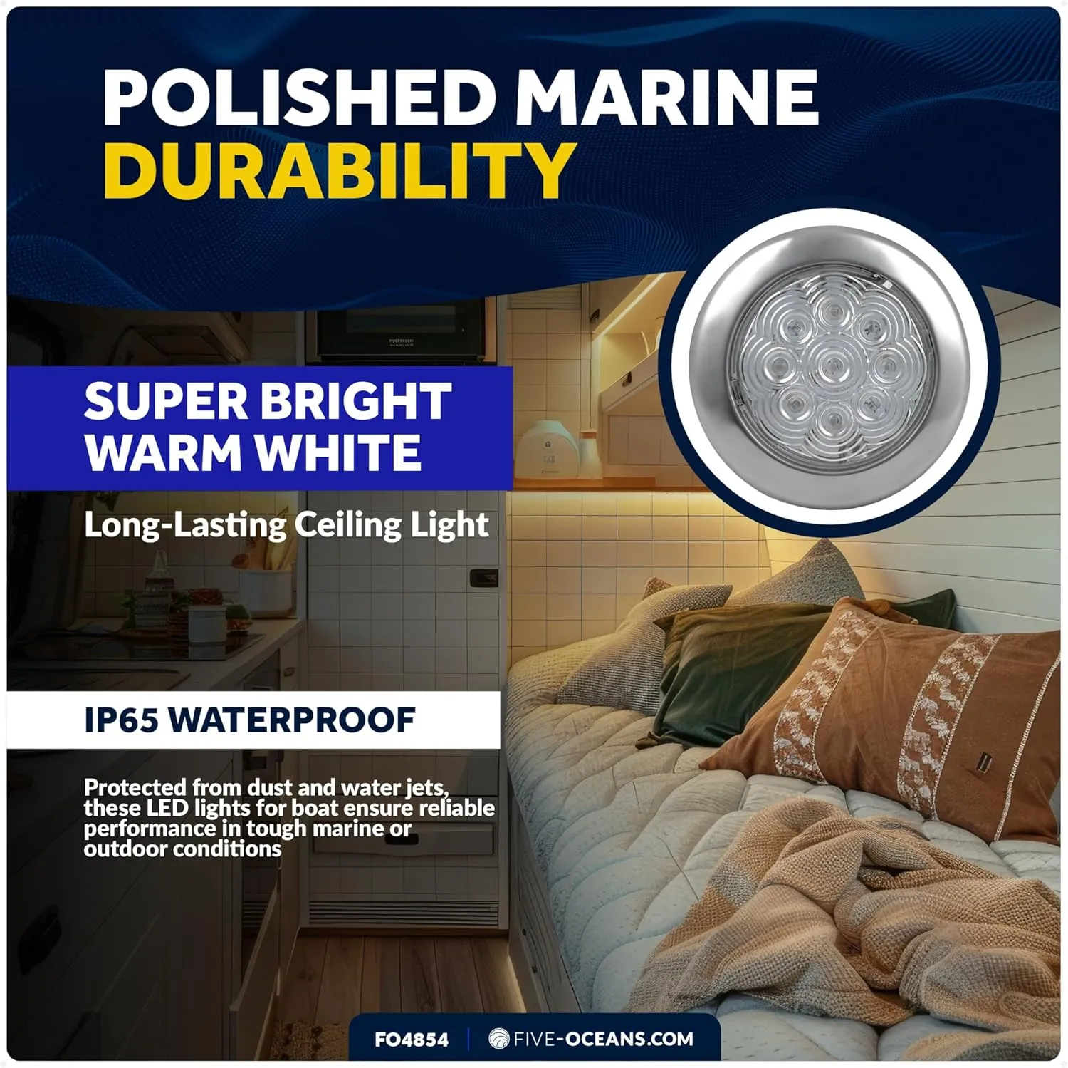Five Oceans LED Dome Ceiling Light, 3-3/4" Slim Round, Warm White, 12V, IP65 Waterproof, Interior Lights for RVs, Boats, Caravan - FO4854