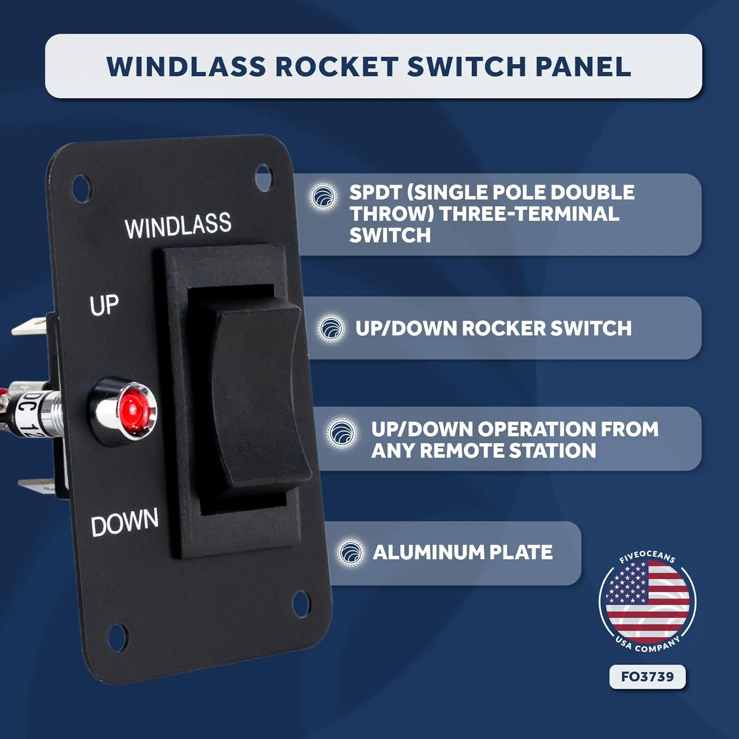 Five Oceans Rocker Boat Anchor Windlass Switch, Controlling Up/Down Function of Boat Anchor Windlasses, Waterproof, 12 Volts, SPDT 3-Terminal Switch, Stainless Steel Plate - FO3739