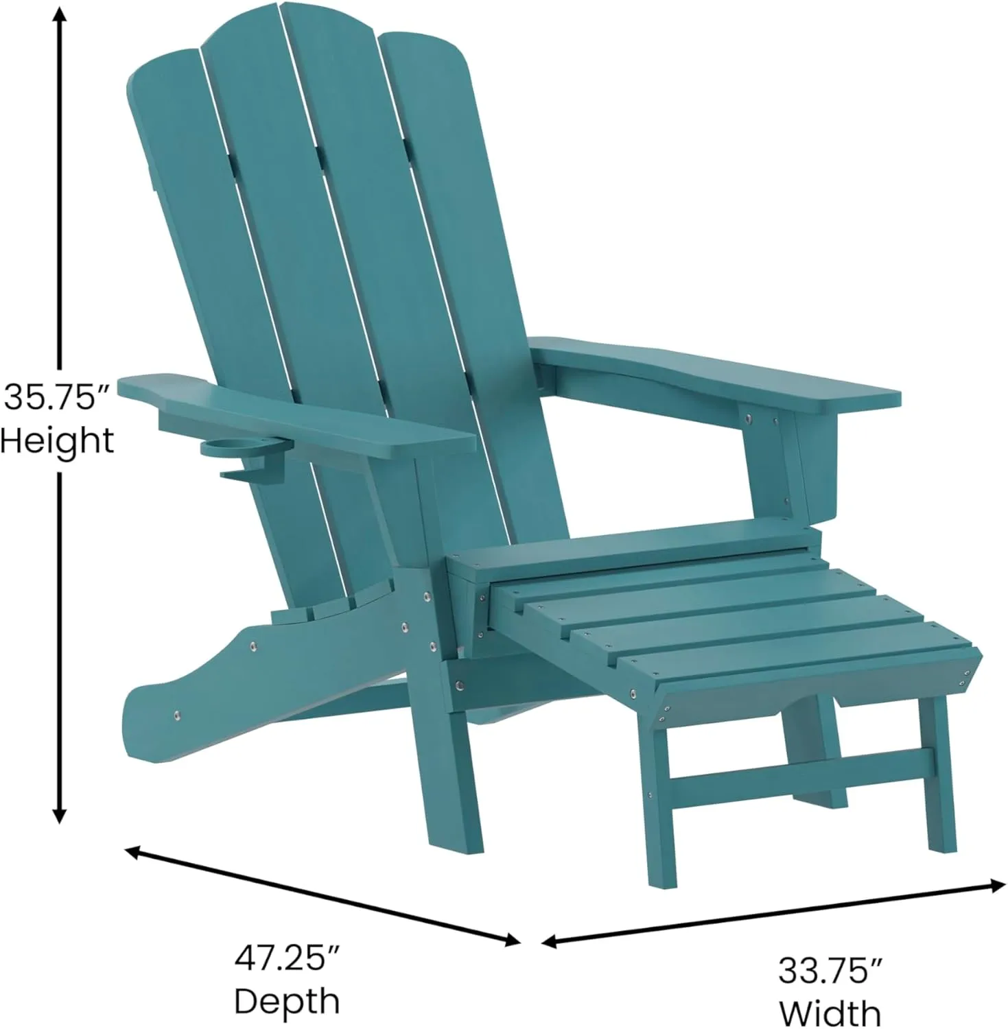 Flash Furniture Newport Poly Resin Adirondack Chair with Cup Holder and Pull Out Ottoman, All-Weather Poly Resin Indoor/Outdoor Lounge Chair, Blue