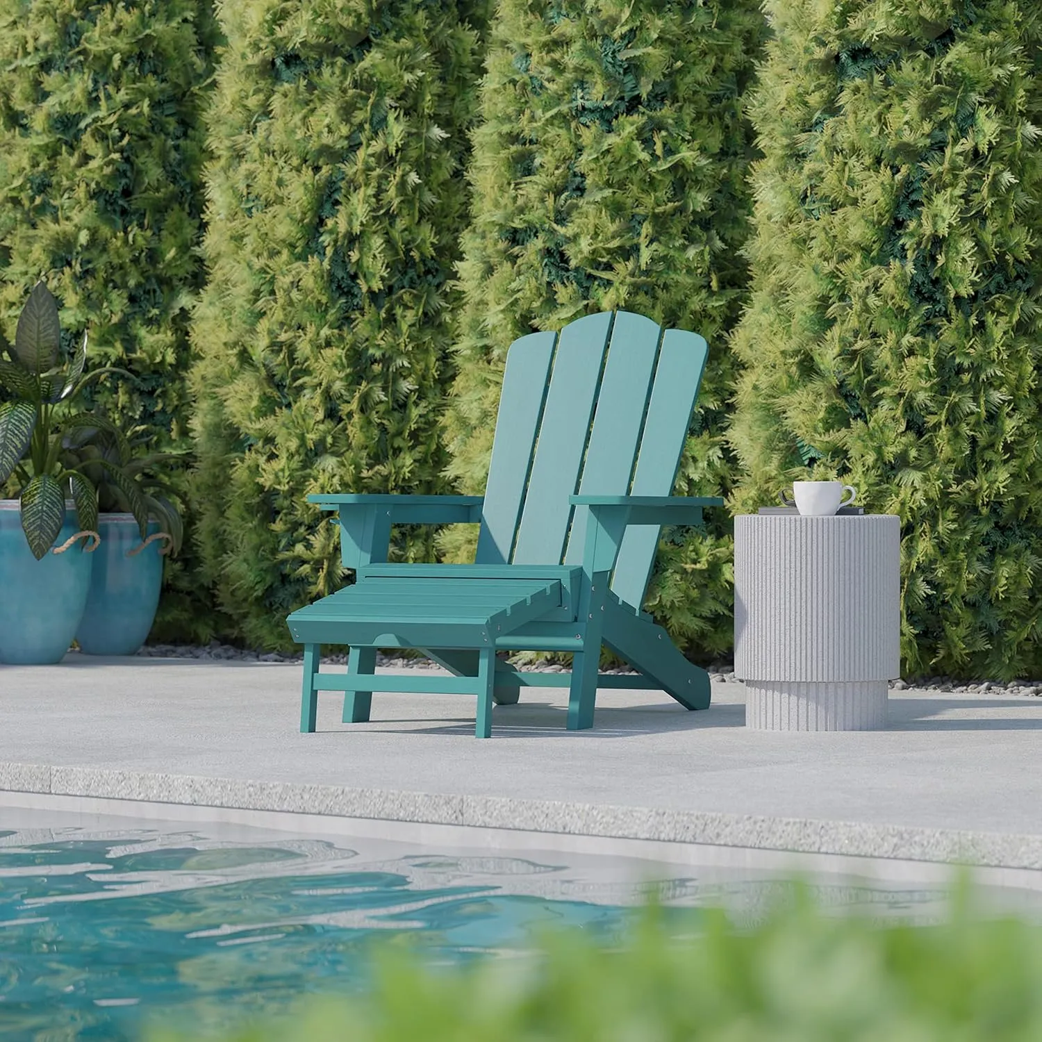 Flash Furniture Newport Poly Resin Adirondack Chair with Cup Holder and Pull Out Ottoman, All-Weather Poly Resin Indoor/Outdoor Lounge Chair, Blue