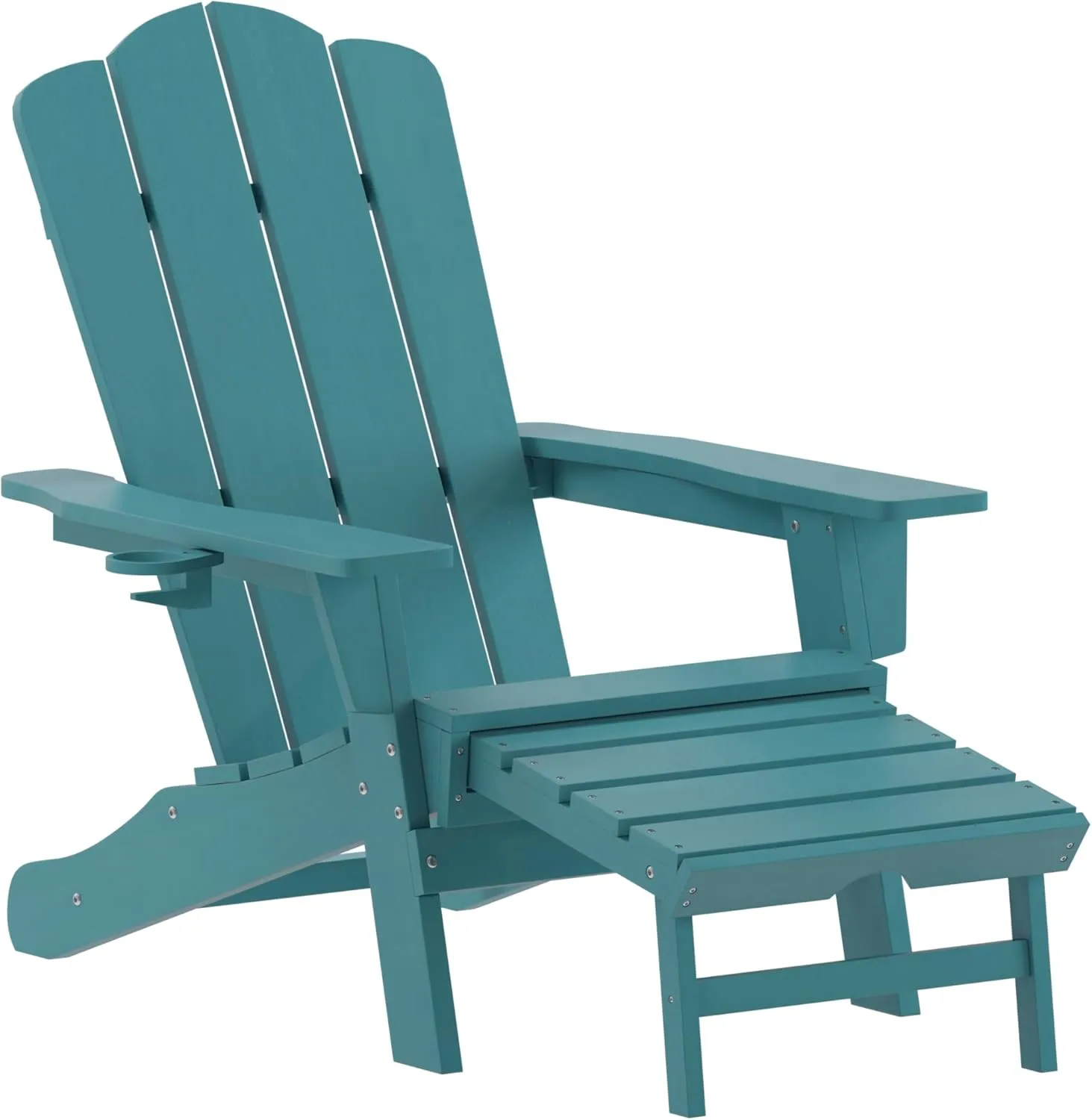 Flash Furniture Newport Poly Resin Adirondack Chair with Cup Holder and Pull Out Ottoman, All-Weather Poly Resin Indoor/Outdoor Lounge Chair, Blue