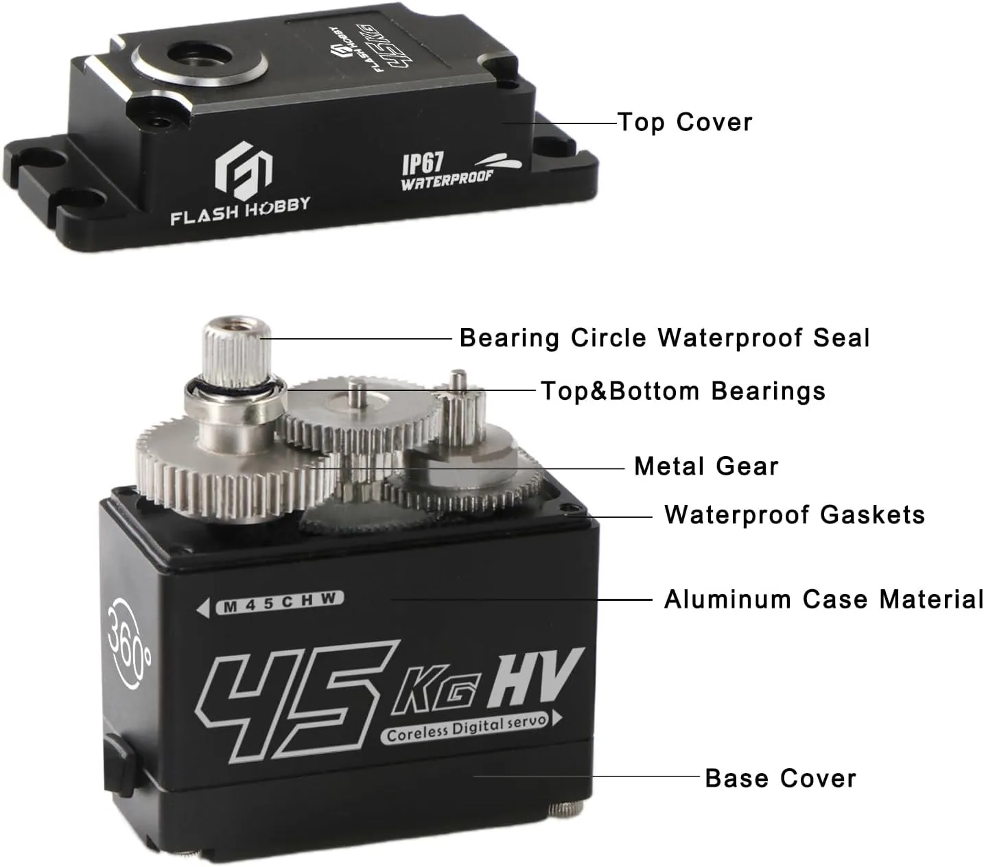 FLASH HOBBY 45KG Coreless Servo 8.4V High Torque Full Metal Gear Servo, IP67 Waterproof Steering RC Servo with Control Angle 360° for 1/10 Scale RC Cars, Trucks & Robot Parts (Continuous Rotation)
