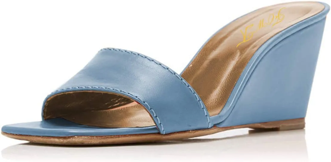 FOWT Women Fashion Open Square Toe Slide Sandals Mid High Wedge Heels Slipper Pumps Date Party Shoes Size 4-15 M US