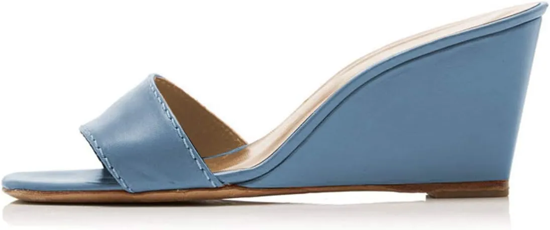 FOWT Women Fashion Open Square Toe Slide Sandals Mid High Wedge Heels Slipper Pumps Date Party Shoes Size 4-15 M US