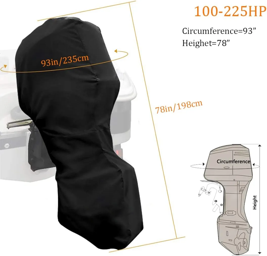 Full Outboard Motor Cover Fits 100-225 HP Outboard Engine Covers Black 600D Heavy Duty Oxford Waterproof Boat Engine Cover with Windproof Strap