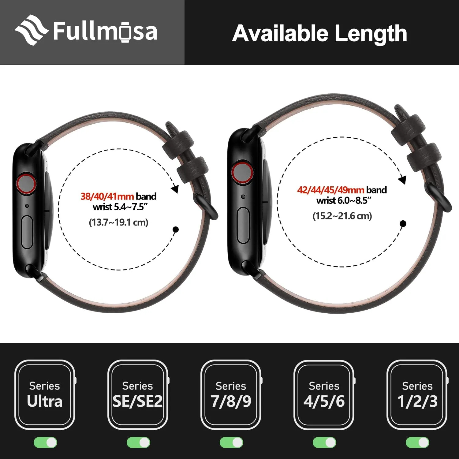 Fullmosa Leather Bands Compatible with Apple Watch Band 49mm 46mm 45mm 44mm 42mm for Men Women, Genuine Leather Strap for iWatch Ultra 2/Ultra/10/9/8/7/6/5/4/3/2/1/SE2/SE, Space Grey/Smoky Grey