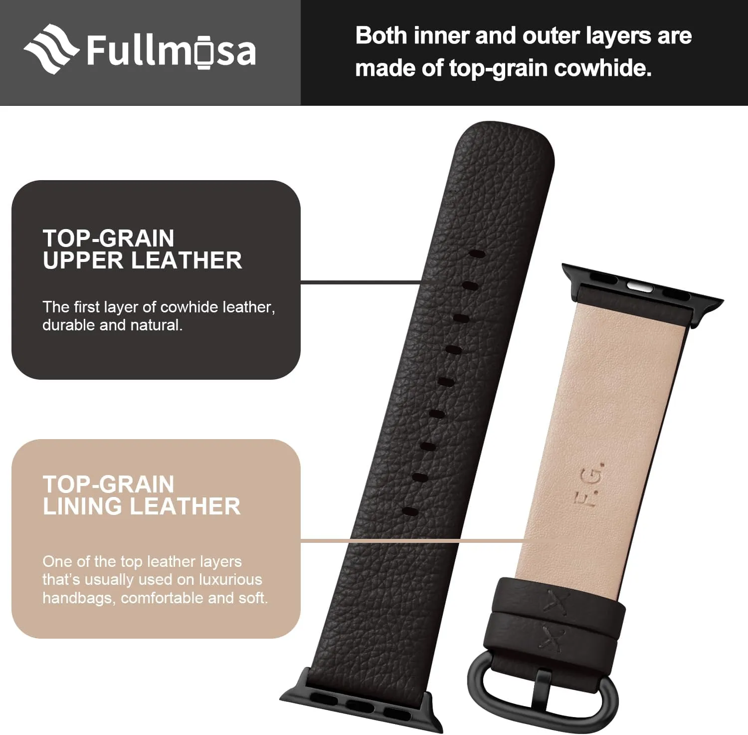 Fullmosa Leather Bands Compatible with Apple Watch Band 49mm 46mm 45mm 44mm 42mm for Men Women, Genuine Leather Strap for iWatch Ultra 2/Ultra/10/9/8/7/6/5/4/3/2/1/SE2/SE, Space Grey/Smoky Grey