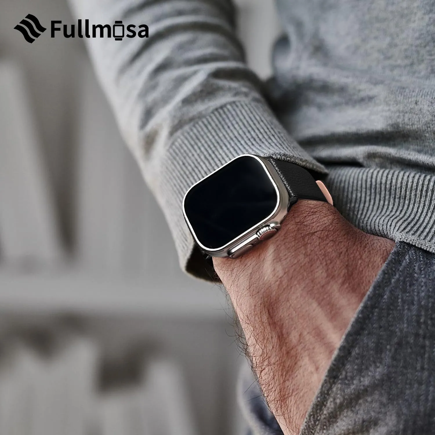 Fullmosa Leather Bands Compatible with Apple Watch Band 49mm 46mm 45mm 44mm 42mm for Men Women, Genuine Leather Strap for iWatch Ultra 2/Ultra/10/9/8/7/6/5/4/3/2/1/SE2/SE, Space Grey/Smoky Grey