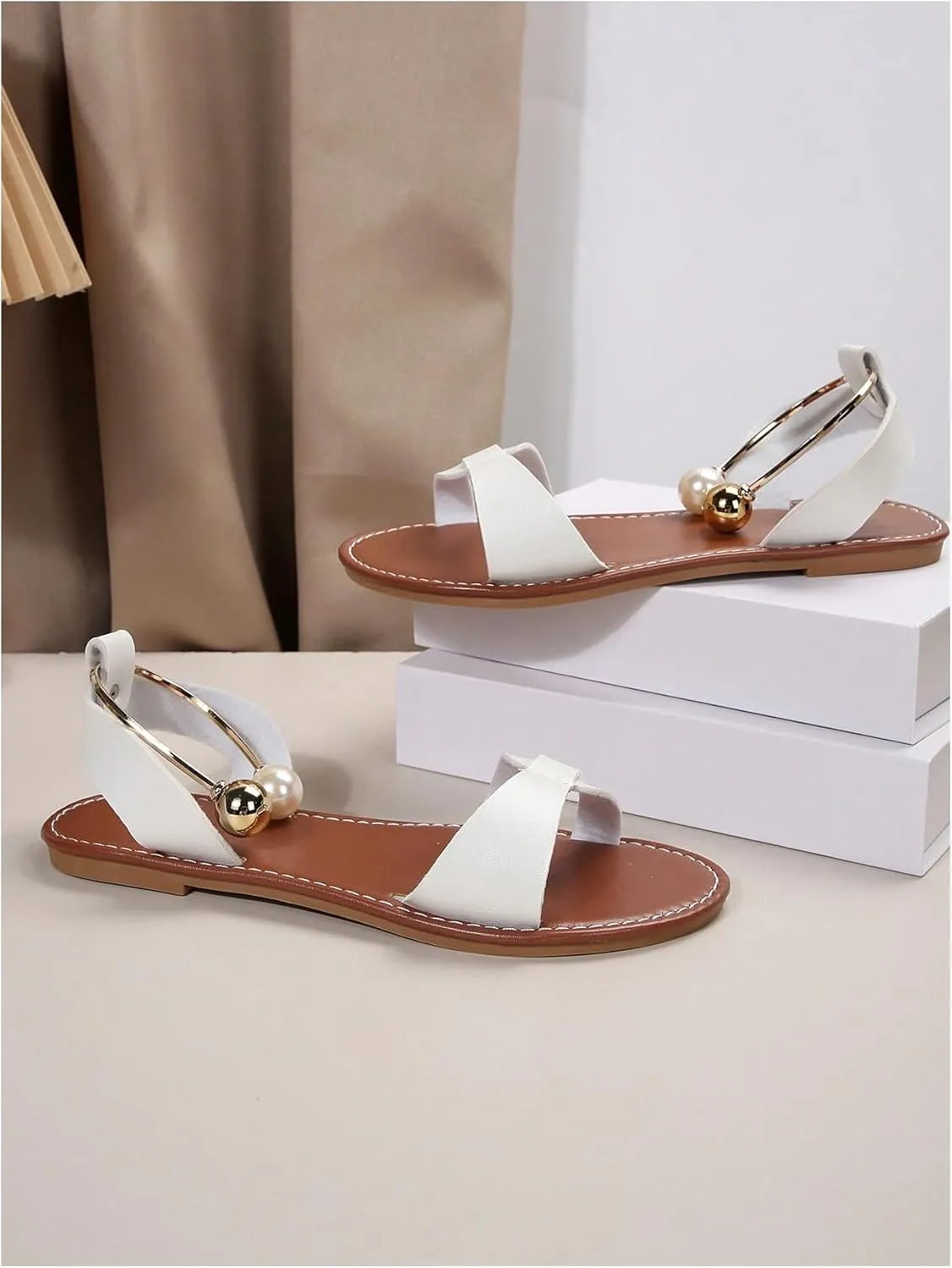 GORGLITTER Women's Pearls Metallic Flat Sandals Cut Out Open Toe Ankle Strap Dressy Slide Sandals