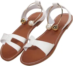 GORGLITTER Women's Pearls Metallic Flat Sandals Cut Out Open Toe Ankle Strap Dressy Slide Sandals