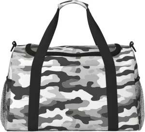 Gray White Camouflage Travel Duffel Bag with Strap Multi Pockets Sports Bag Handbag Large Shoulder Bag for Gym Weekend Fitness Camping