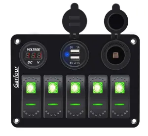 Green 5 Gang Marine Switch Panel - Waterproof Boat Switch Panel with 3.1A Dual USB, LED Voltmeter & Cigarette Lighter Socket for Boats, Trucks, RVs, SUVs
