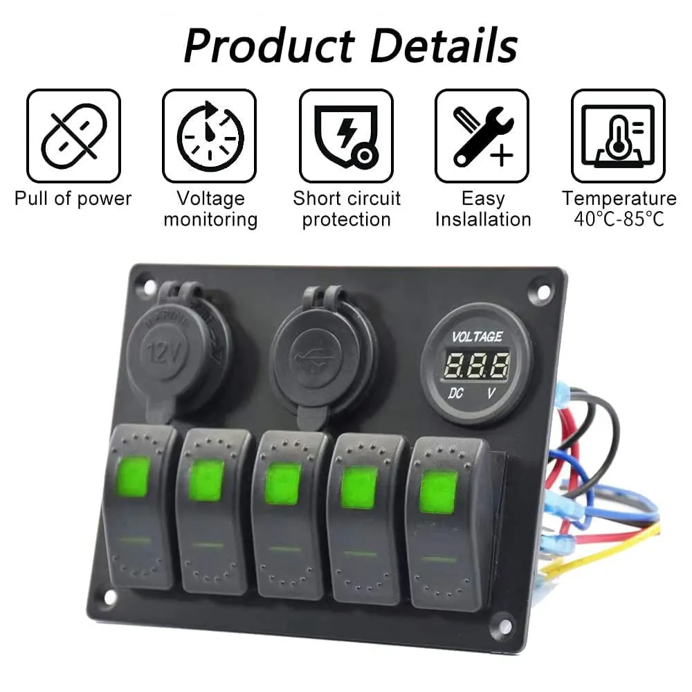 Green 5 Gang Marine Switch Panel - Waterproof Boat Switch Panel with 3.1A Dual USB, LED Voltmeter & Cigarette Lighter Socket for Boats, Trucks, RVs, SUVs
