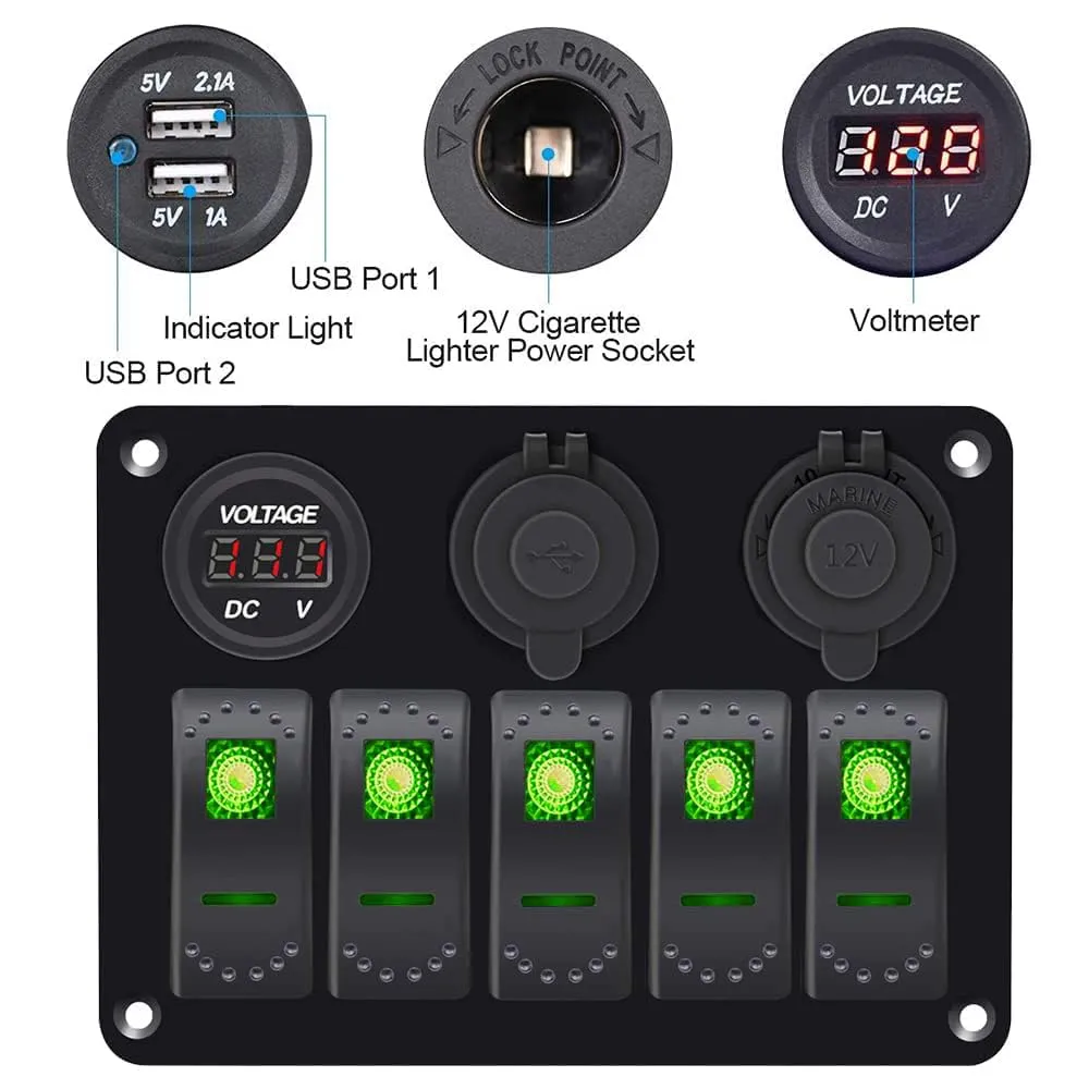 Green 5 Gang Marine Switch Panel - Waterproof Boat Switch Panel with 3.1A Dual USB, LED Voltmeter & Cigarette Lighter Socket for Boats, Trucks, RVs, SUVs
