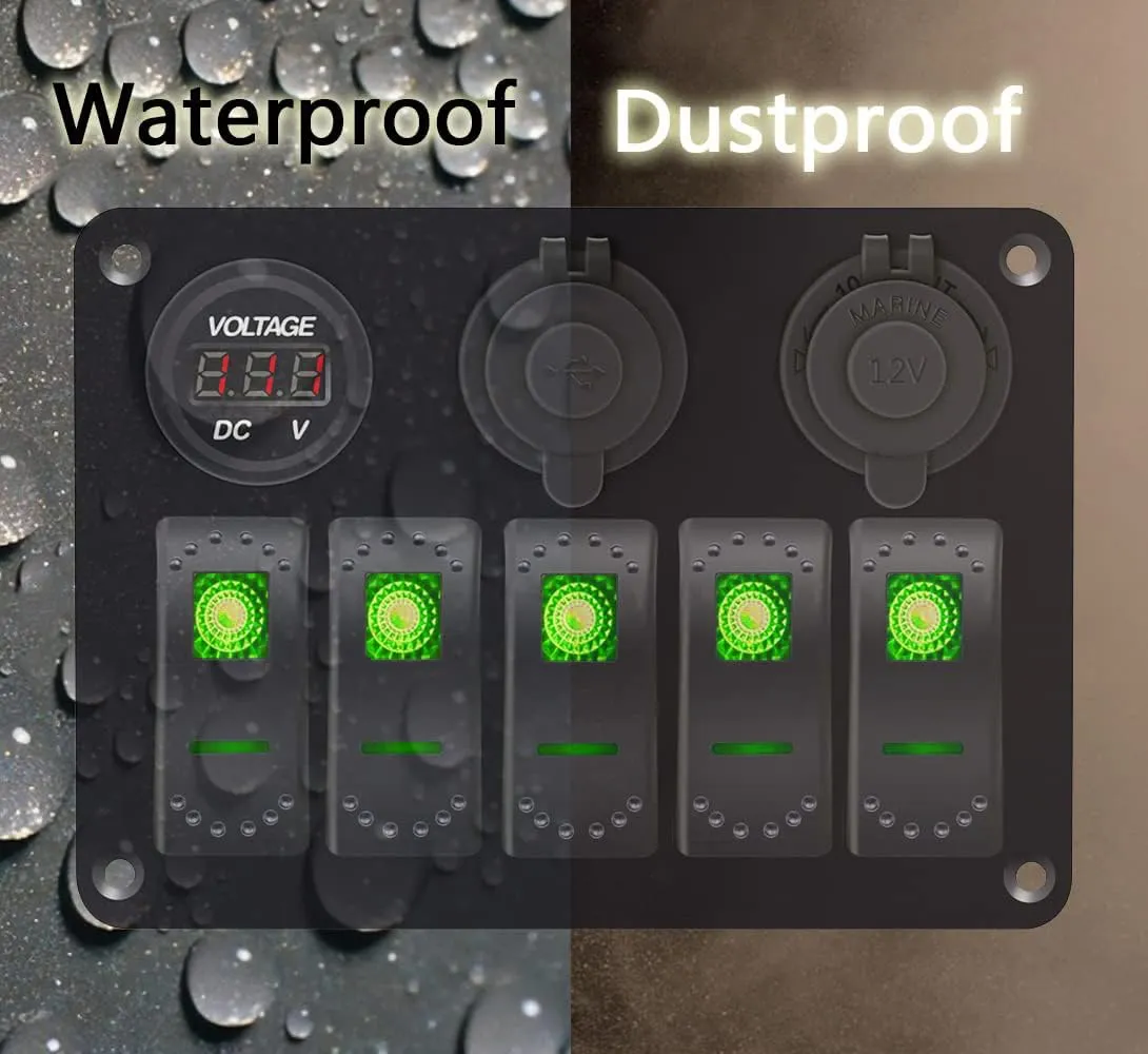 Green 5 Gang Marine Switch Panel - Waterproof Boat Switch Panel with 3.1A Dual USB, LED Voltmeter & Cigarette Lighter Socket for Boats, Trucks, RVs, SUVs