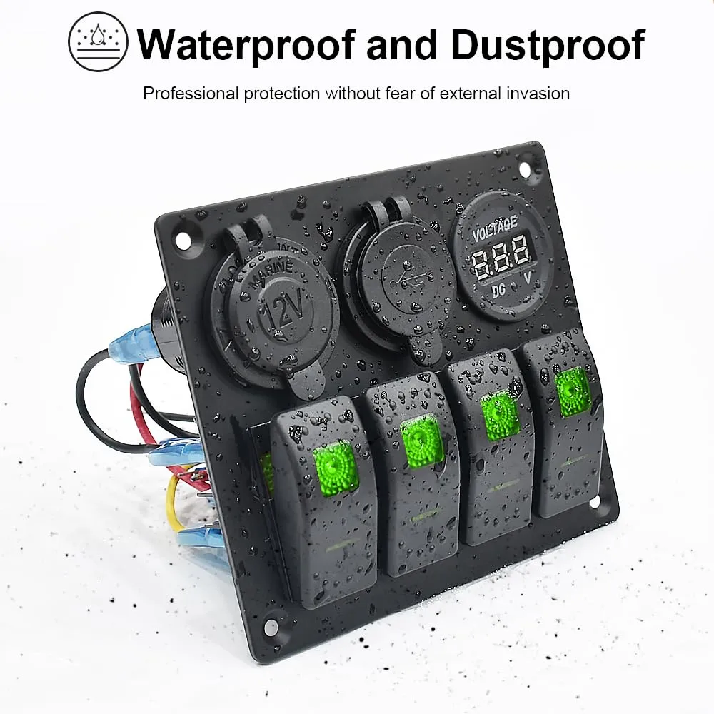 Green Waterproof Boat Rocker Switch Panel 3.1A Volt Dual USB Socket LED Light Voltmeter Cigarette Lighter Socket 4 Bang Rocker Switch Panel for Car RV SUV Boat