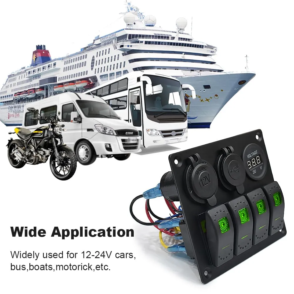 Green Waterproof Boat Rocker Switch Panel 3.1A Volt Dual USB Socket LED Light Voltmeter Cigarette Lighter Socket 4 Bang Rocker Switch Panel for Car RV SUV Boat