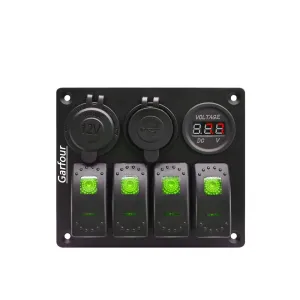 Green Waterproof Boat Rocker Switch Panel 3.1A Volt Dual USB Socket LED Light Voltmeter Cigarette Lighter Socket 4 Bang Rocker Switch Panel for Car RV SUV Boat