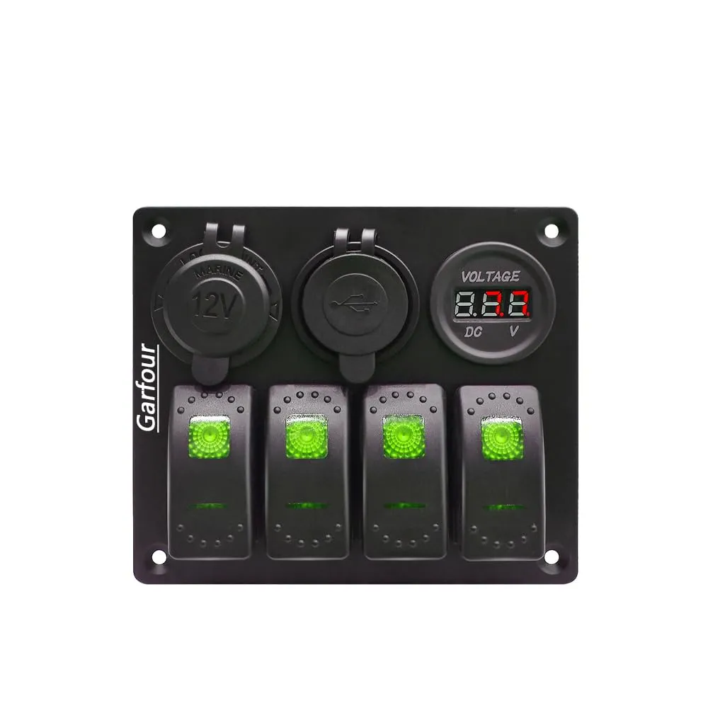 Green Waterproof Boat Rocker Switch Panel 3.1A Volt Dual USB Socket LED Light Voltmeter Cigarette Lighter Socket 4 Bang Rocker Switch Panel for Car RV SUV Boat