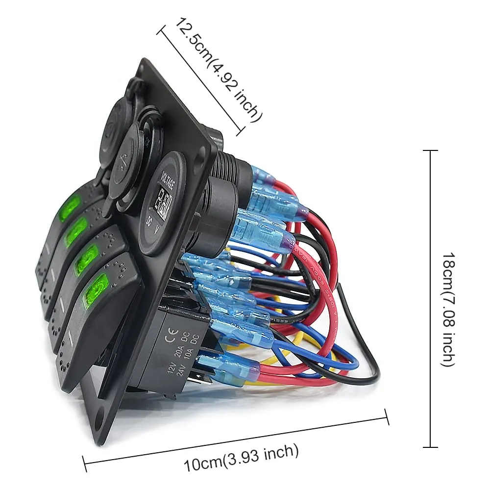 Green Waterproof Boat Rocker Switch Panel 3.1A Volt Dual USB Socket LED Light Voltmeter Cigarette Lighter Socket 4 Bang Rocker Switch Panel for Car RV SUV Boat