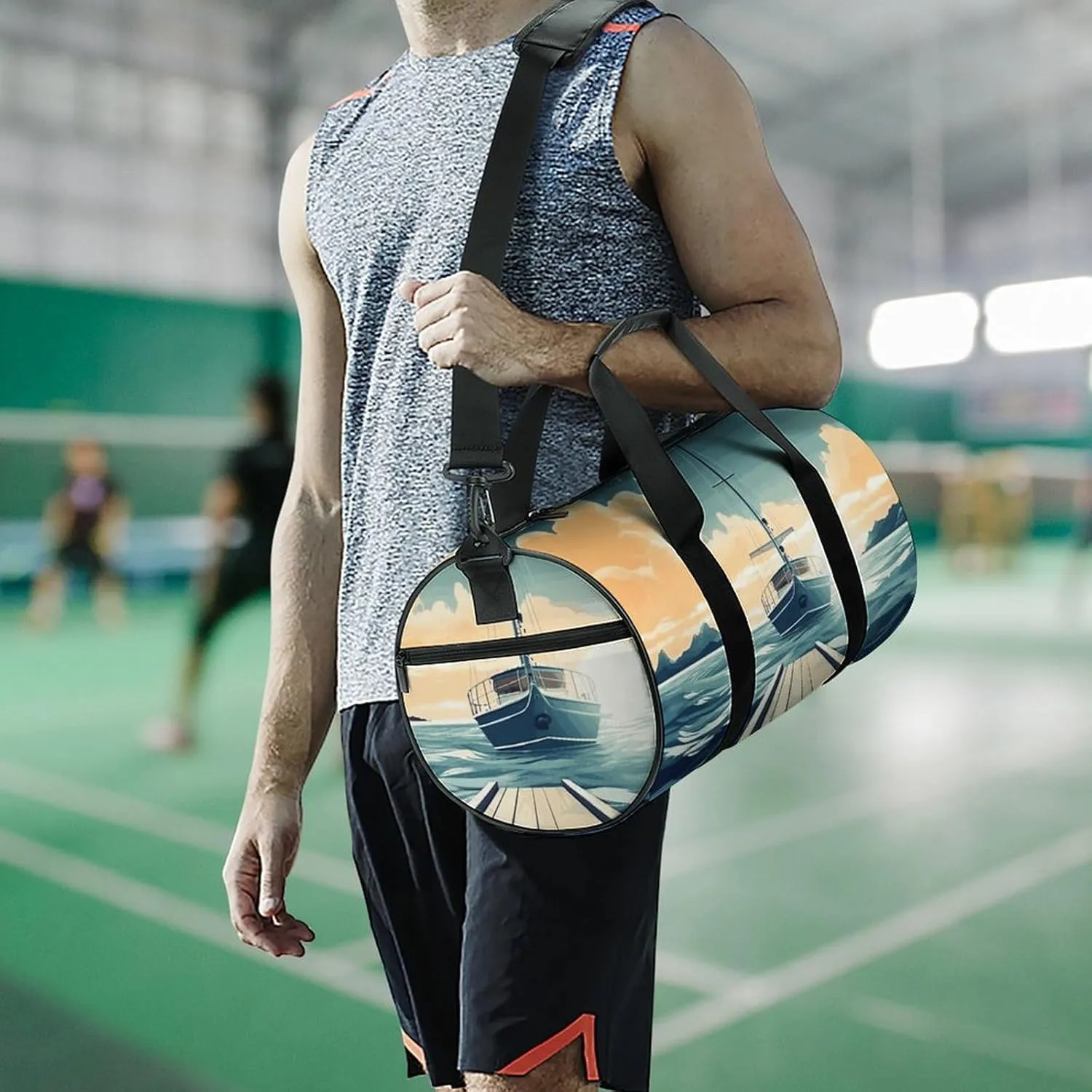 Gym Bags Small Boat Seascape Theme Duffel Bag Overnight Bag with Shoe Compartment Carryon Bag for Men Women