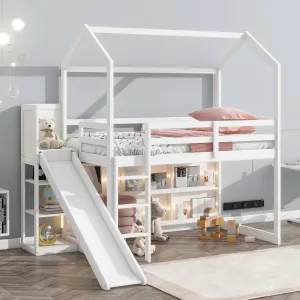 Harper & Bright Designs Twin House Loft Bed with Slide, Storage Shelves and Light, Wood Twin Bed Frame with Roof for Kids - White