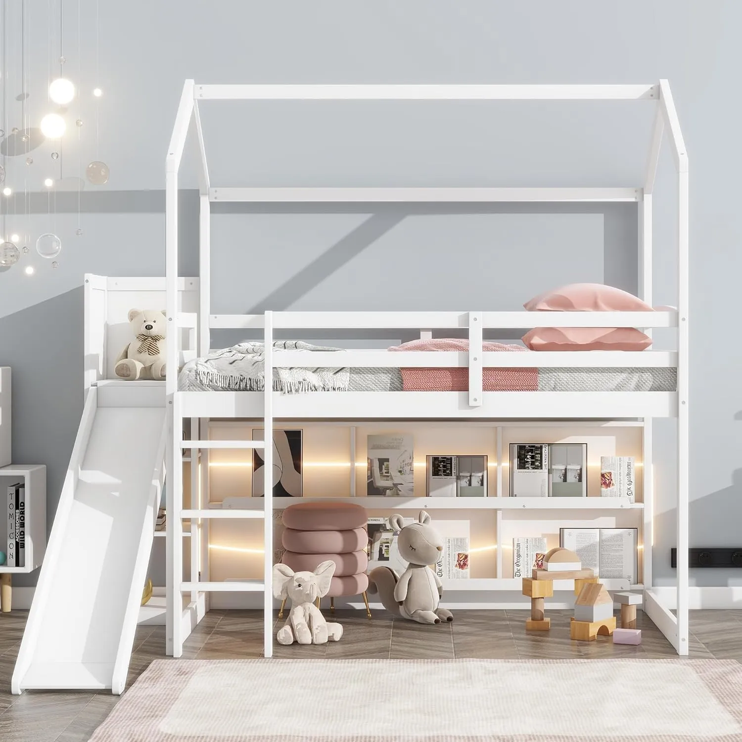 Harper & Bright Designs Twin House Loft Bed with Slide, Storage Shelves and Light, Wood Twin Bed Frame with Roof for Kids - White