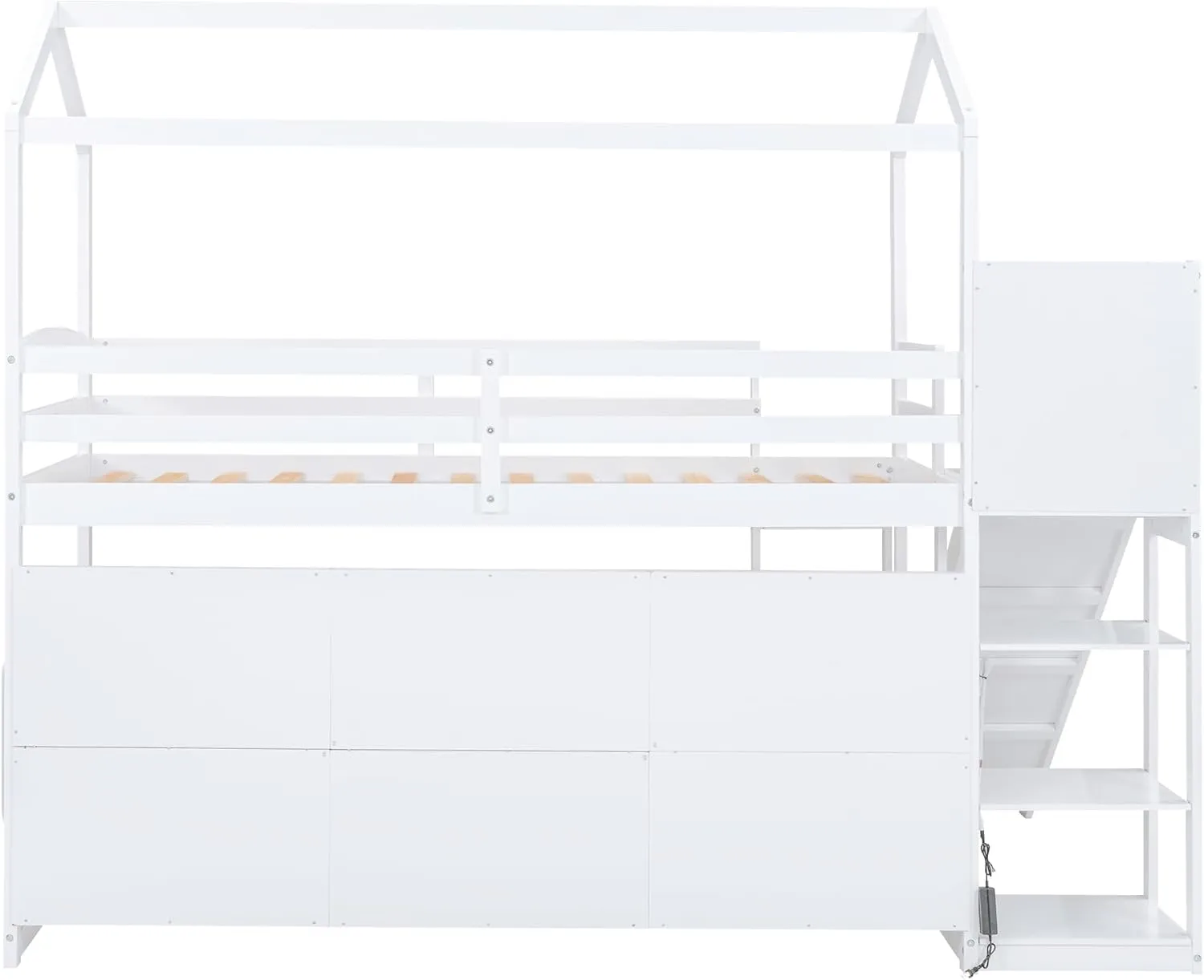Harper & Bright Designs Twin House Loft Bed with Slide, Storage Shelves and Light, Wood Twin Bed Frame with Roof for Kids - White