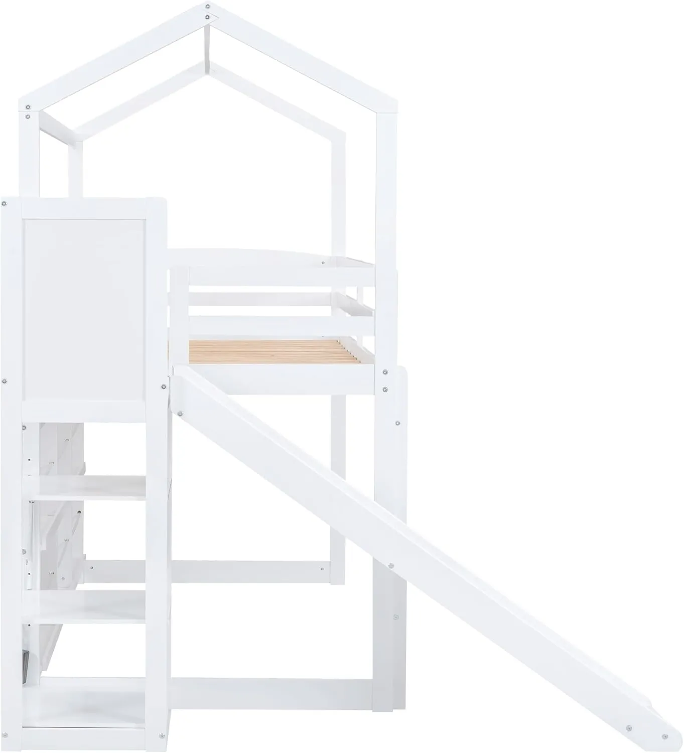 Harper & Bright Designs Twin House Loft Bed with Slide, Storage Shelves and Light, Wood Twin Bed Frame with Roof for Kids - White