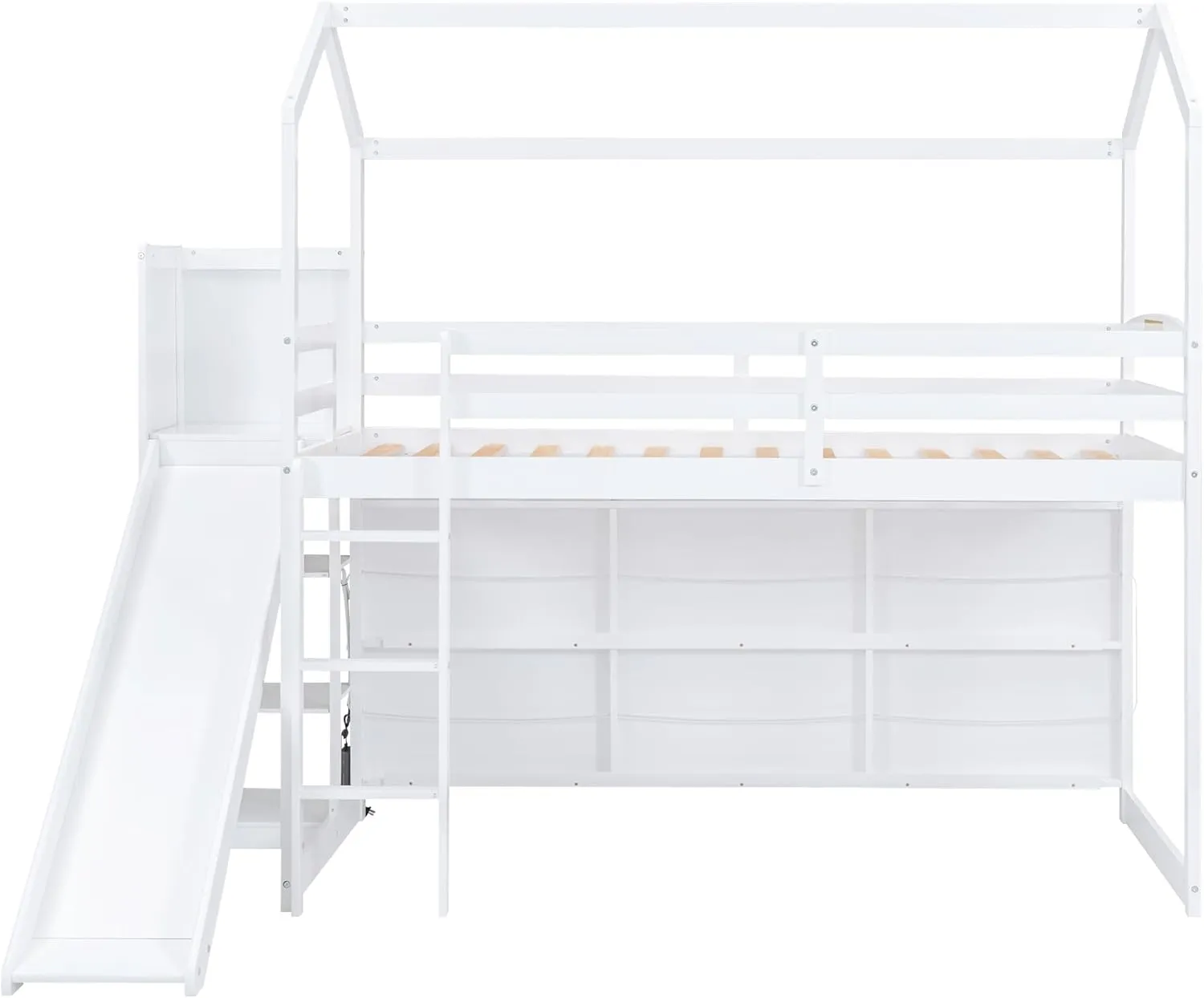 Harper & Bright Designs Twin House Loft Bed with Slide, Storage Shelves and Light, Wood Twin Bed Frame with Roof for Kids - White