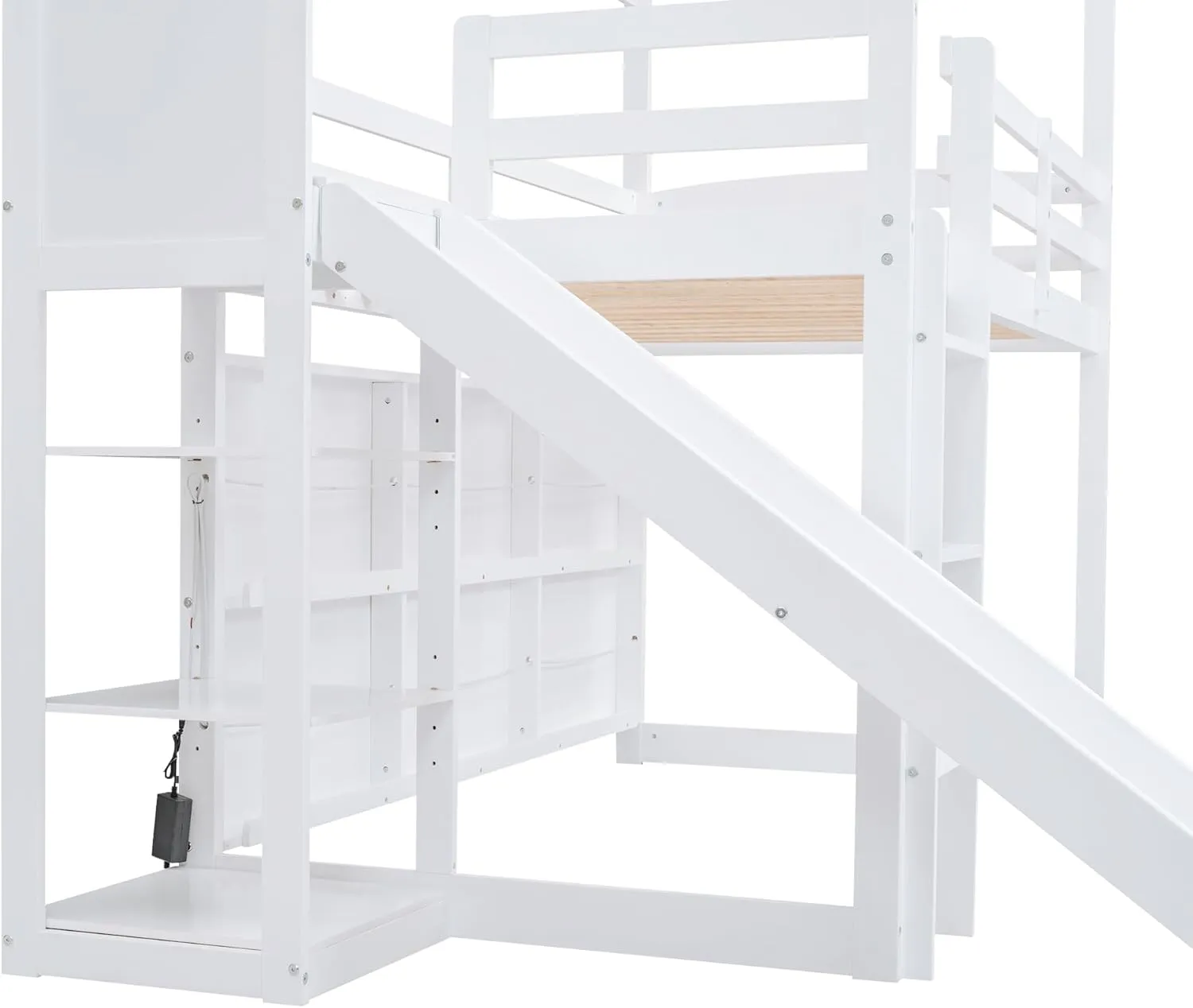 Harper & Bright Designs Twin House Loft Bed with Slide, Storage Shelves and Light, Wood Twin Bed Frame with Roof for Kids - White