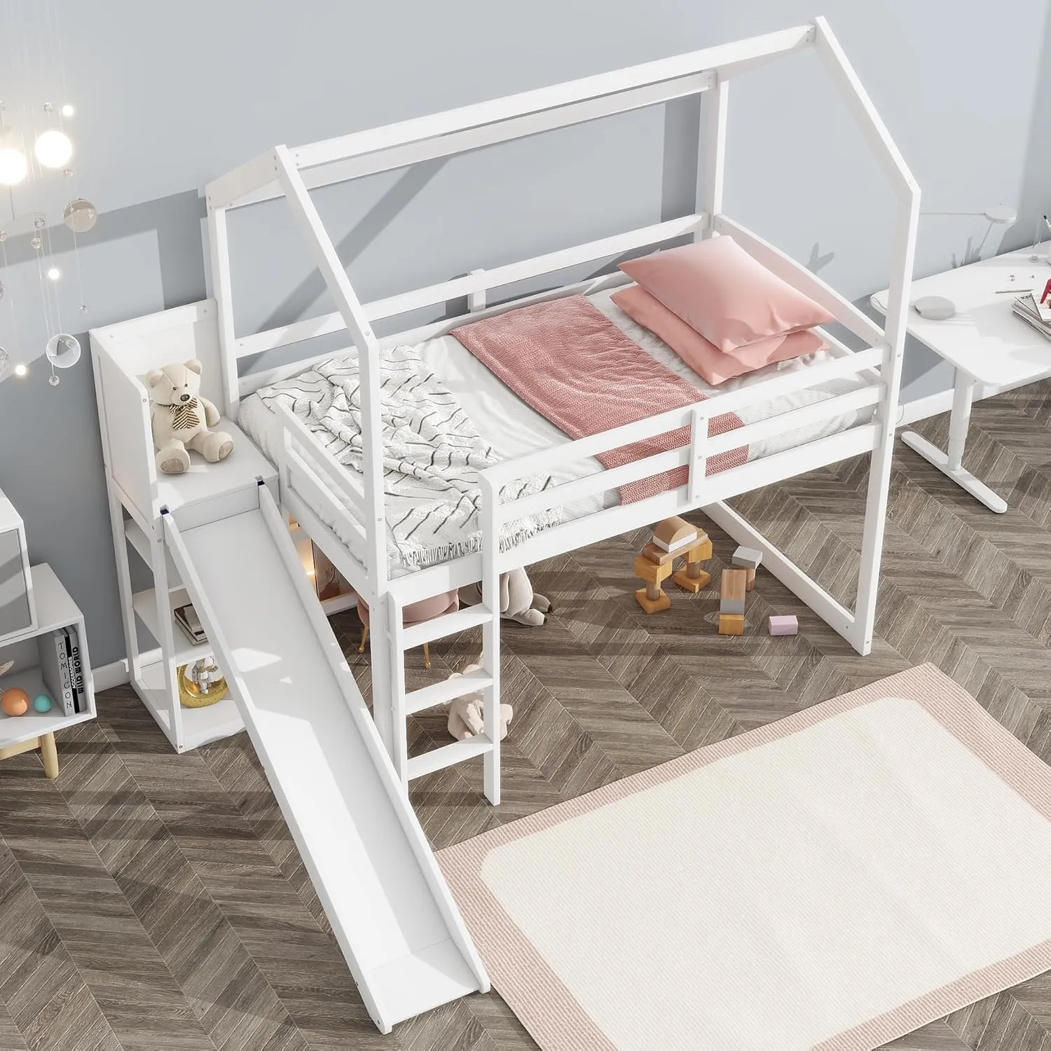 Harper & Bright Designs Twin House Loft Bed with Slide, Storage Shelves and Light, Wood Twin Bed Frame with Roof for Kids - White